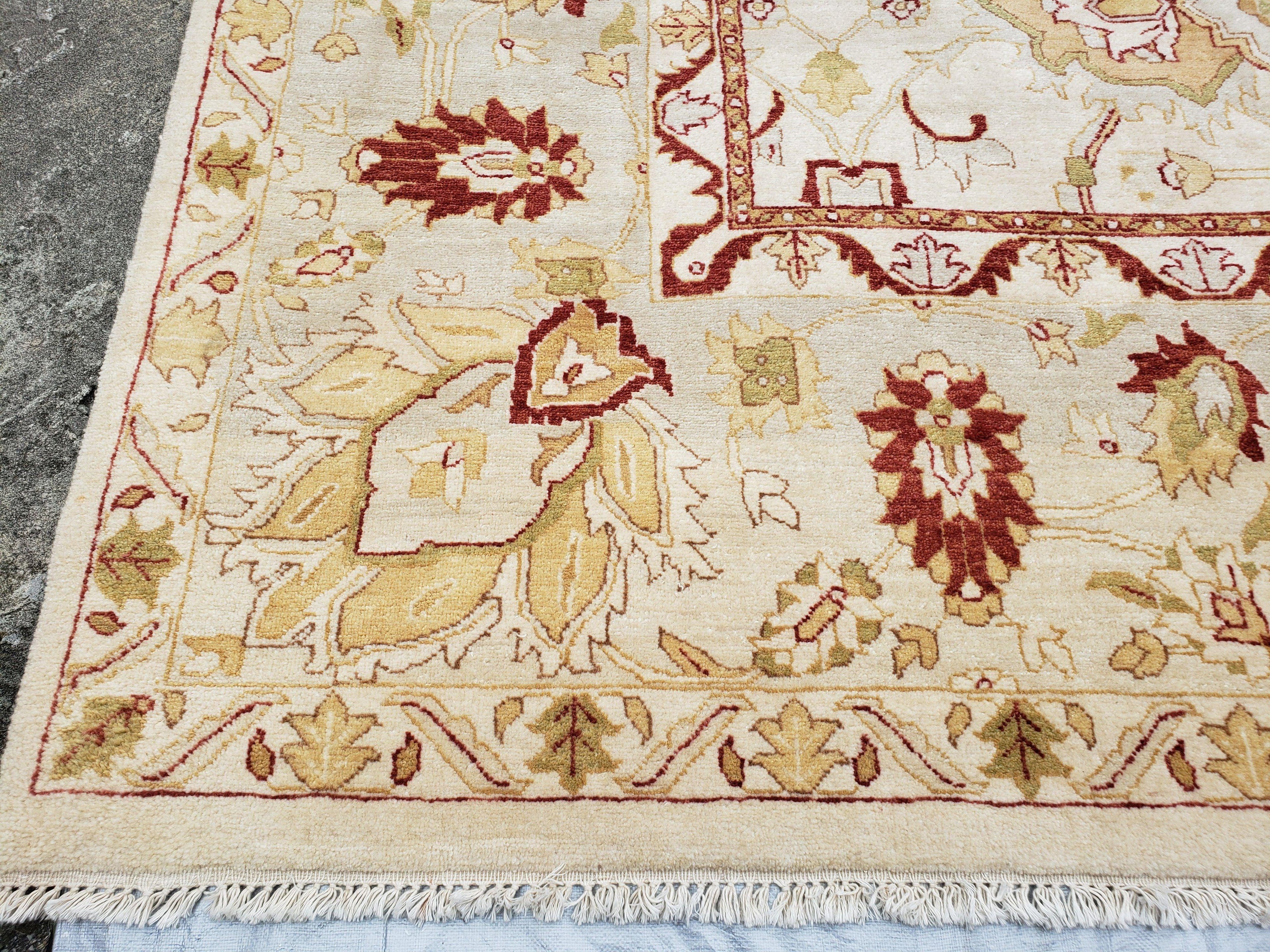 Vintage Oushak Area Rug, Hand-Knotted, Wool, Cream Beige Maroon, 10x15 Rug, 10x14 Rug, Large Oriental Carpet