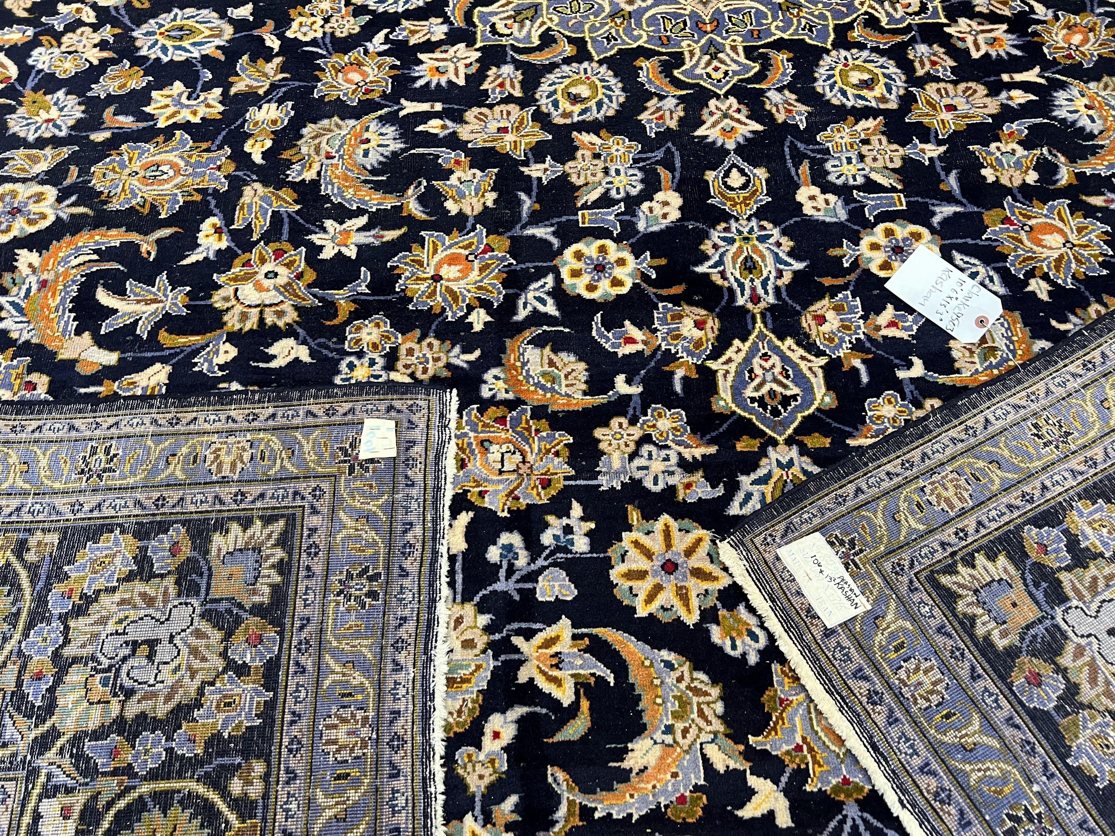 Wonderful Navy Blue Persian Kashan Rug 11x13, Allover Floral Design with Central Medallion, Wool Hand-Knotted Antique Carpet, Signed Rabani Rug