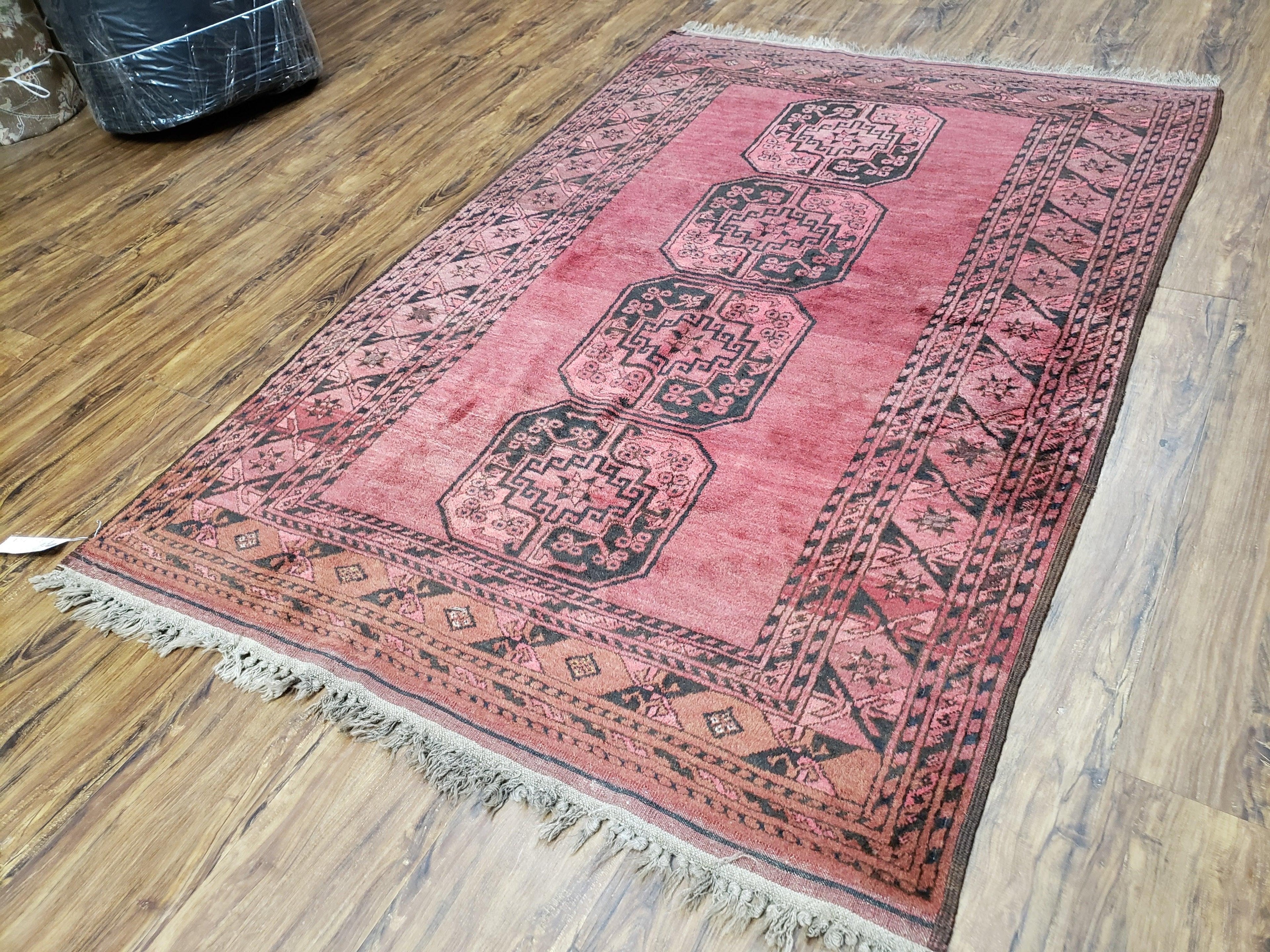 Antique Bukhara Area Rug, Vintage Afghan Bokhara Bashir Rug, 4x6 Hand-Knotted Oriental Carpet, Red & Black Wool Rug, 4' x 5'9