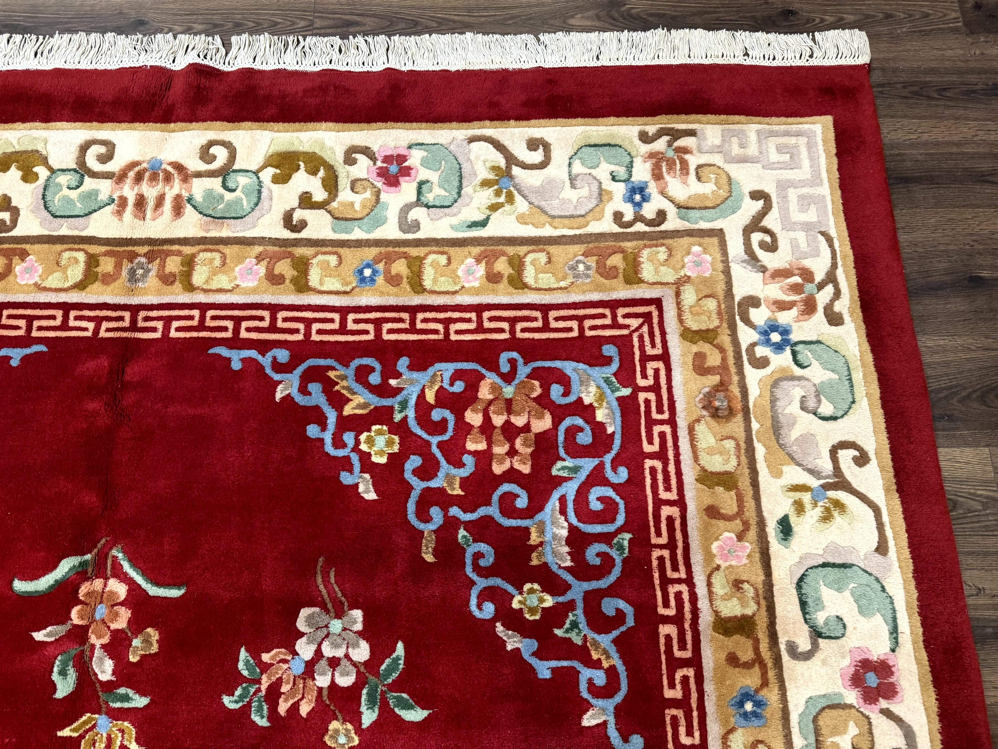 Indo Chinese Wool Rug 9x12, Red Art Deco Carpet, Vintage