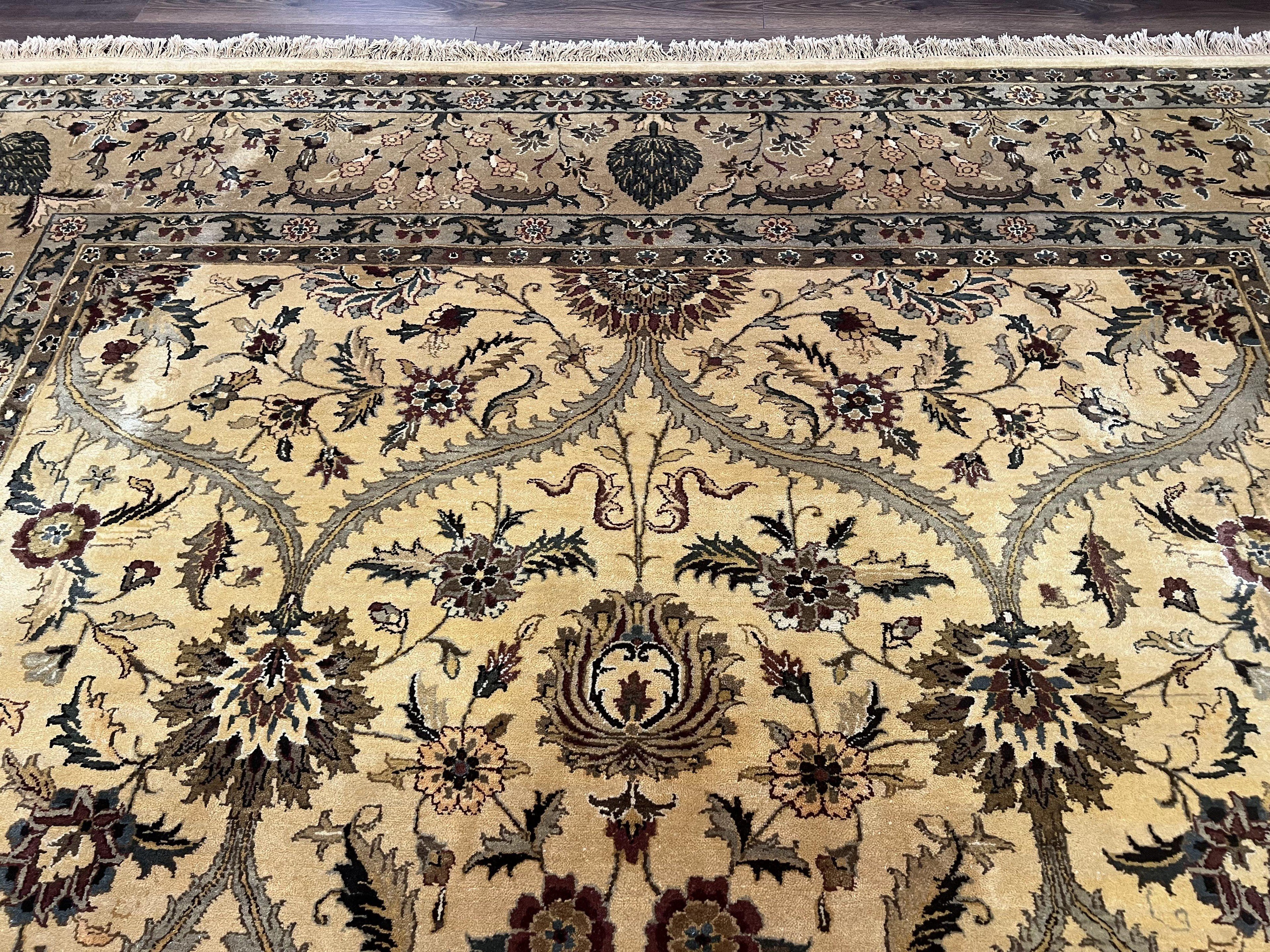 Indo Persian Mahal Rug 10x14, Wool Hand Knotted Oriental Carpet, Cream Floral Allover, Vintage Area Rug 10 x 14, Traditional Rug, Handmade