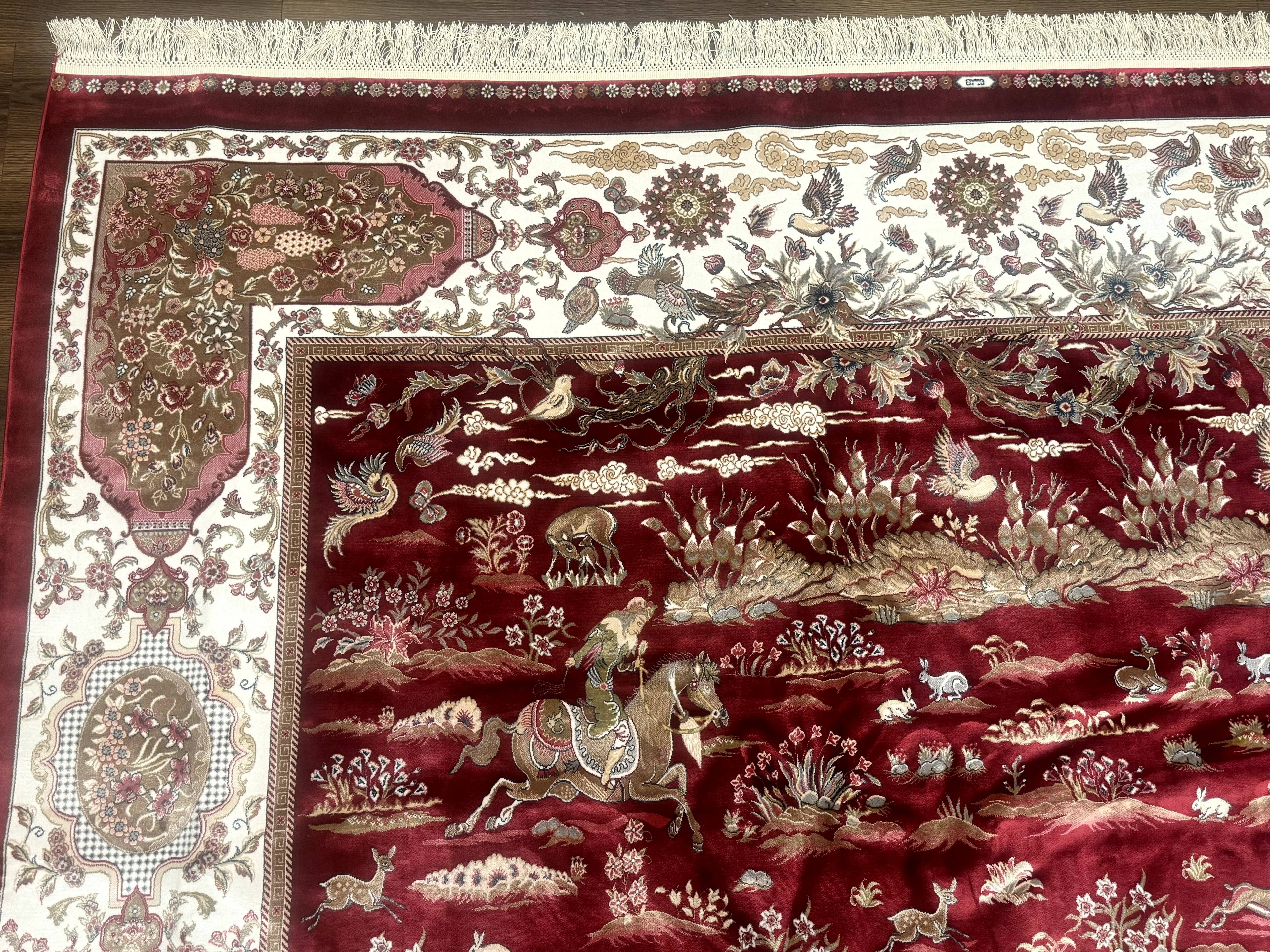 Turkish Silk Rug 8x10, Red & Ivory, Hunting Design, Bamboo Silk, New