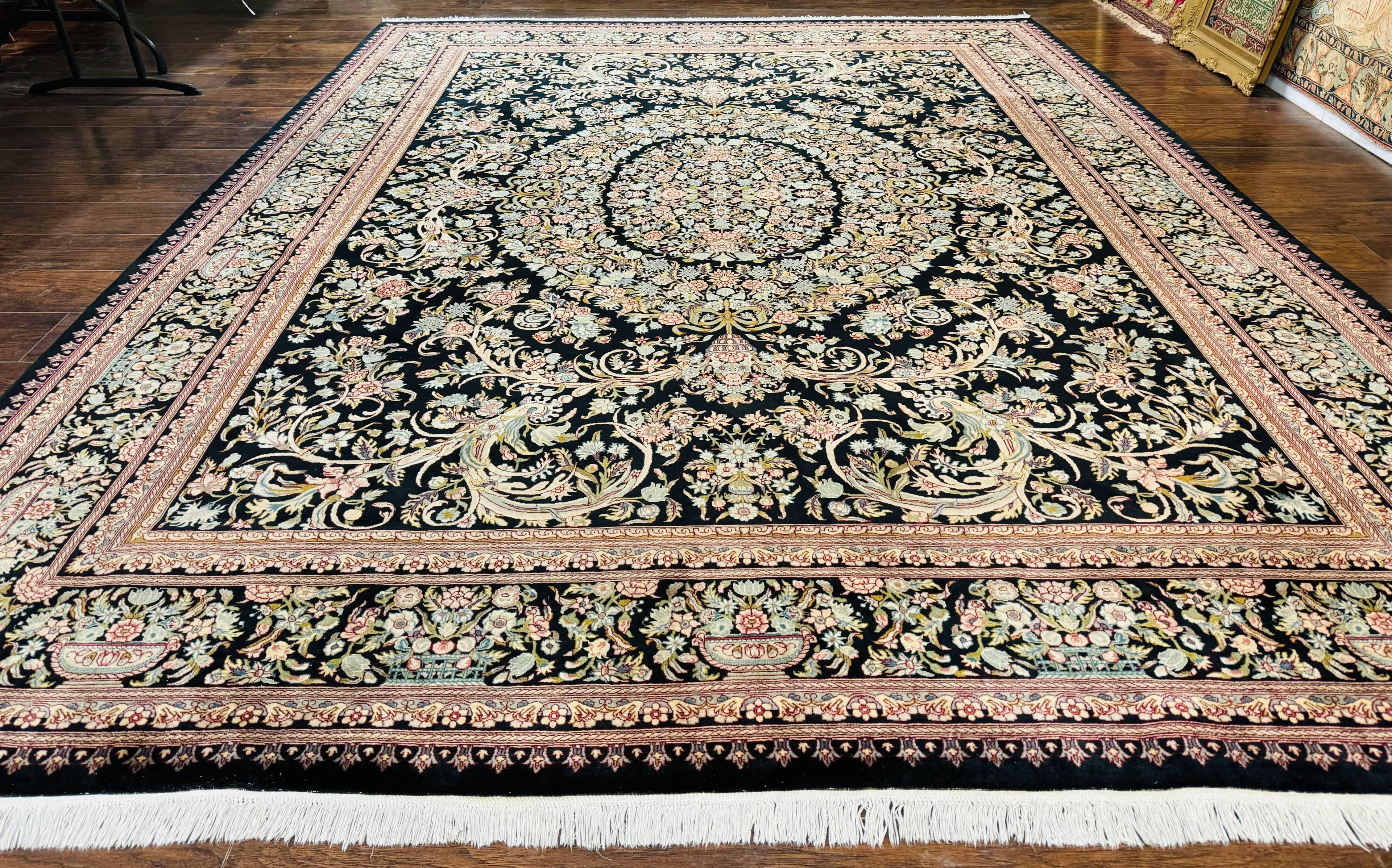 Pak Persian Rug 9x12, Highly Detailed Fine 260 KPSI, Floral, Handmade Traditional Carpet, Black