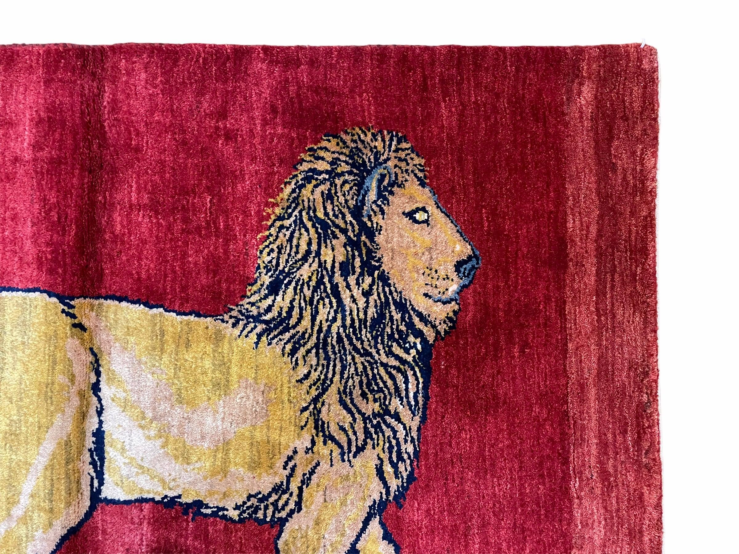 3 X 5 Handmade Hand-Knotted Rug Quality Wool Pictorial Lion Red Organic Dyes