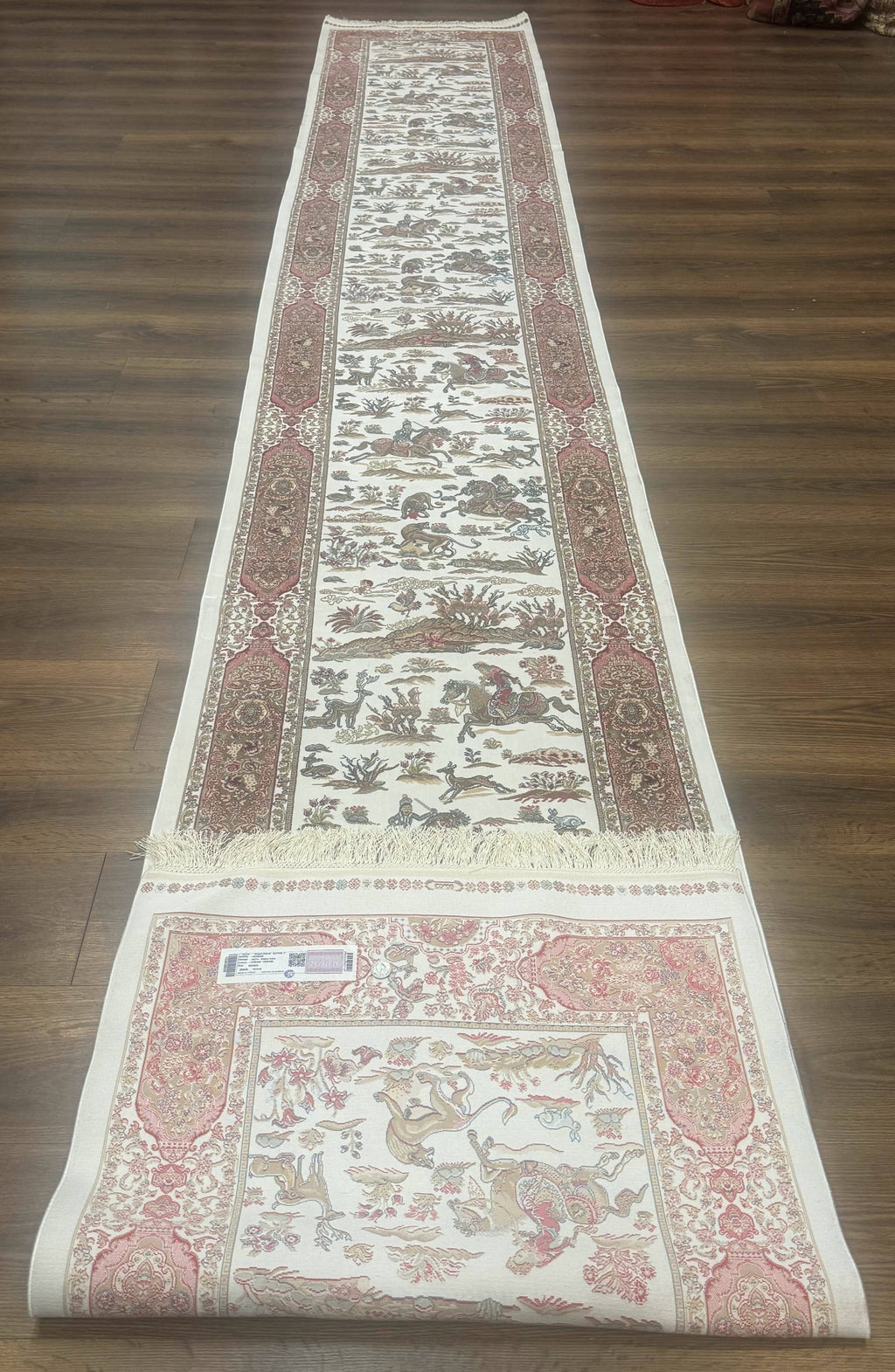 Long Turkish Silk Runner Rug 2.6 x 16.5, Hunting Design, Ivory, Bamboo Silk, New