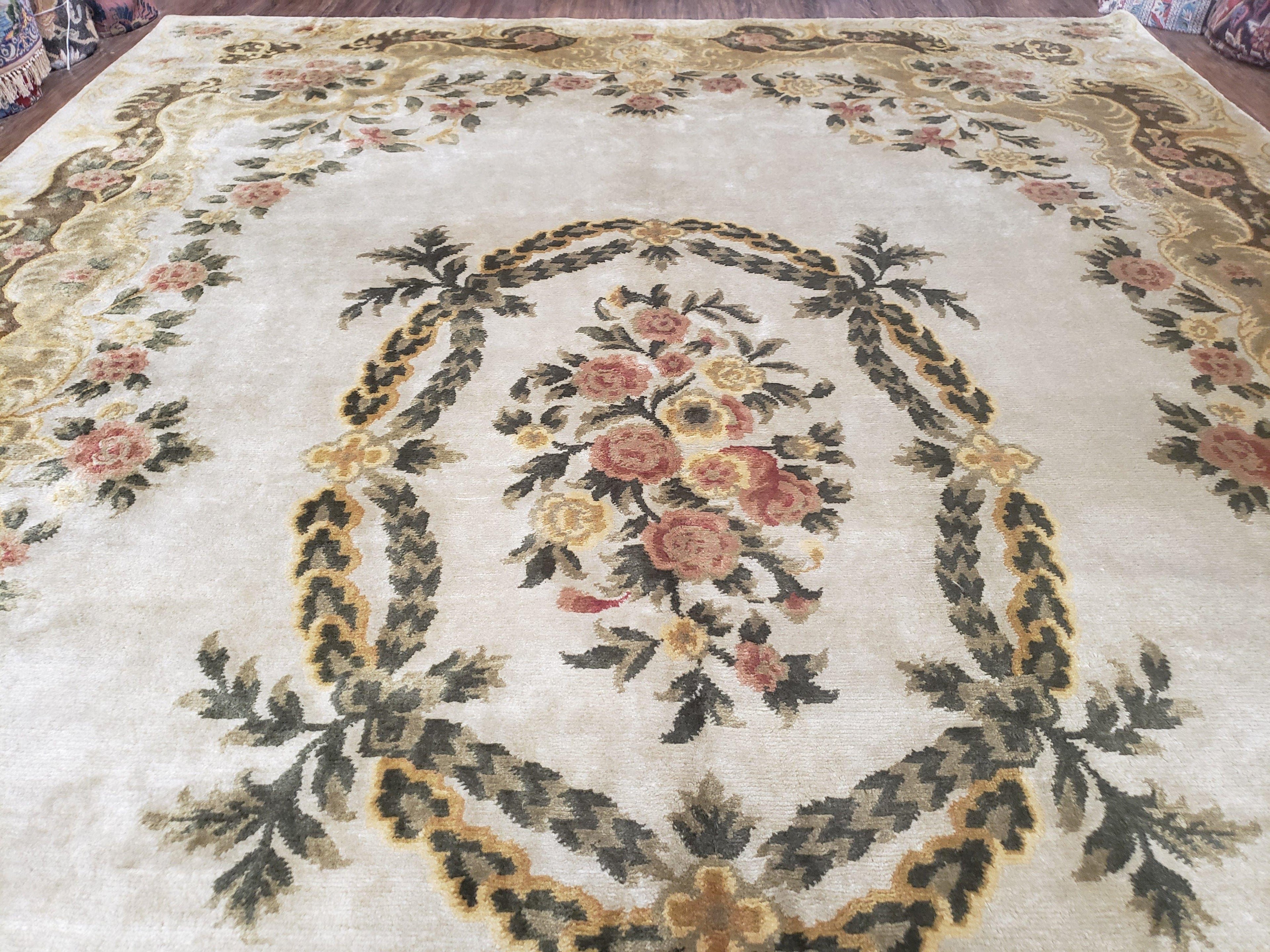Aubusson Rug 10x14, Elegant French European Design, Vintage Handmade Carpet with Pile, Beige Floral Dining Room Rug, Living Room, Soft Wool