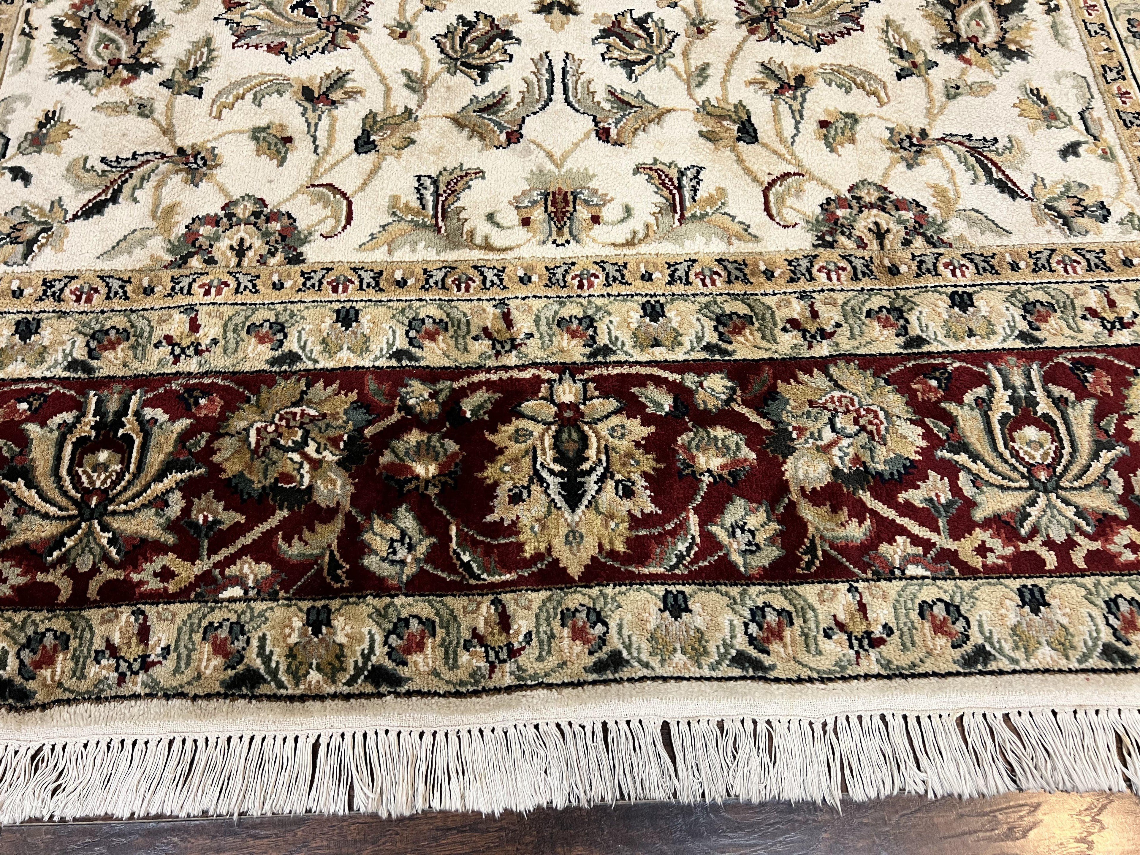 Indo Persian Rug 8x10, Wool Hand Knotted Vintage Carpet, Ivory Maroon, 8 x 10 Traditional Oriental Rug, Floral Allover Rug