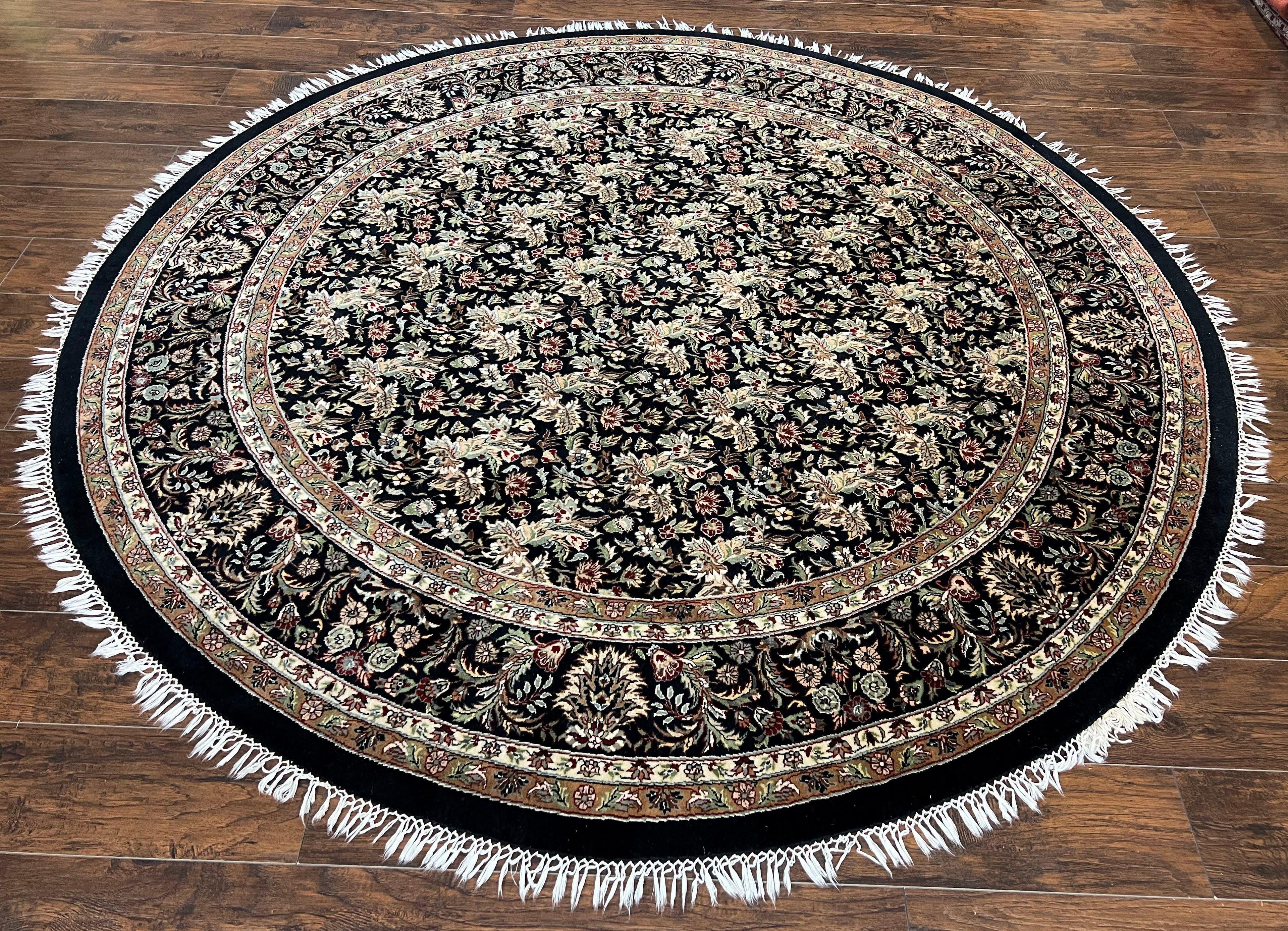 Round Oriental Rug 8x8 ft, William Morris Floral Pattern Carpet, 8 x 8 ft Round Rug, Black Cream and Tan 8ft Round Handmade Indo Persian Rug