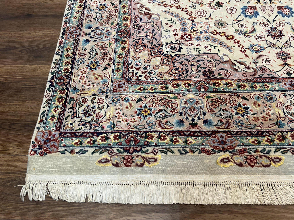 Beautiful Pak Persian Rug 6x9, Floral Medallion, Wool and Silk, Highly Detailed Elegant Carpet, Vintage Oriental Rug 6 x 9, Cream and Gray
