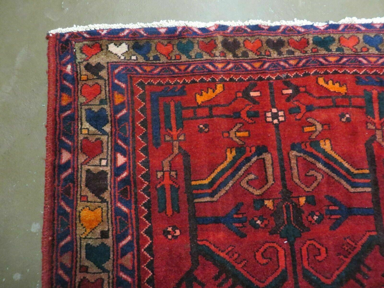 Antique Persian Hamadan Runner 3.4 x 9.7 -  Wool, Red and Navy Blue