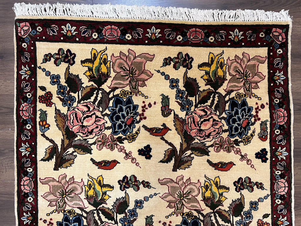 Persian Bidjar Rug 3.6 x 5 ft, Repeated Floral Motifs, Roses and Birds, Cream Burgundy, Fine Wool Oriental Bijar Carpet, Vintage Traditional Area Rug