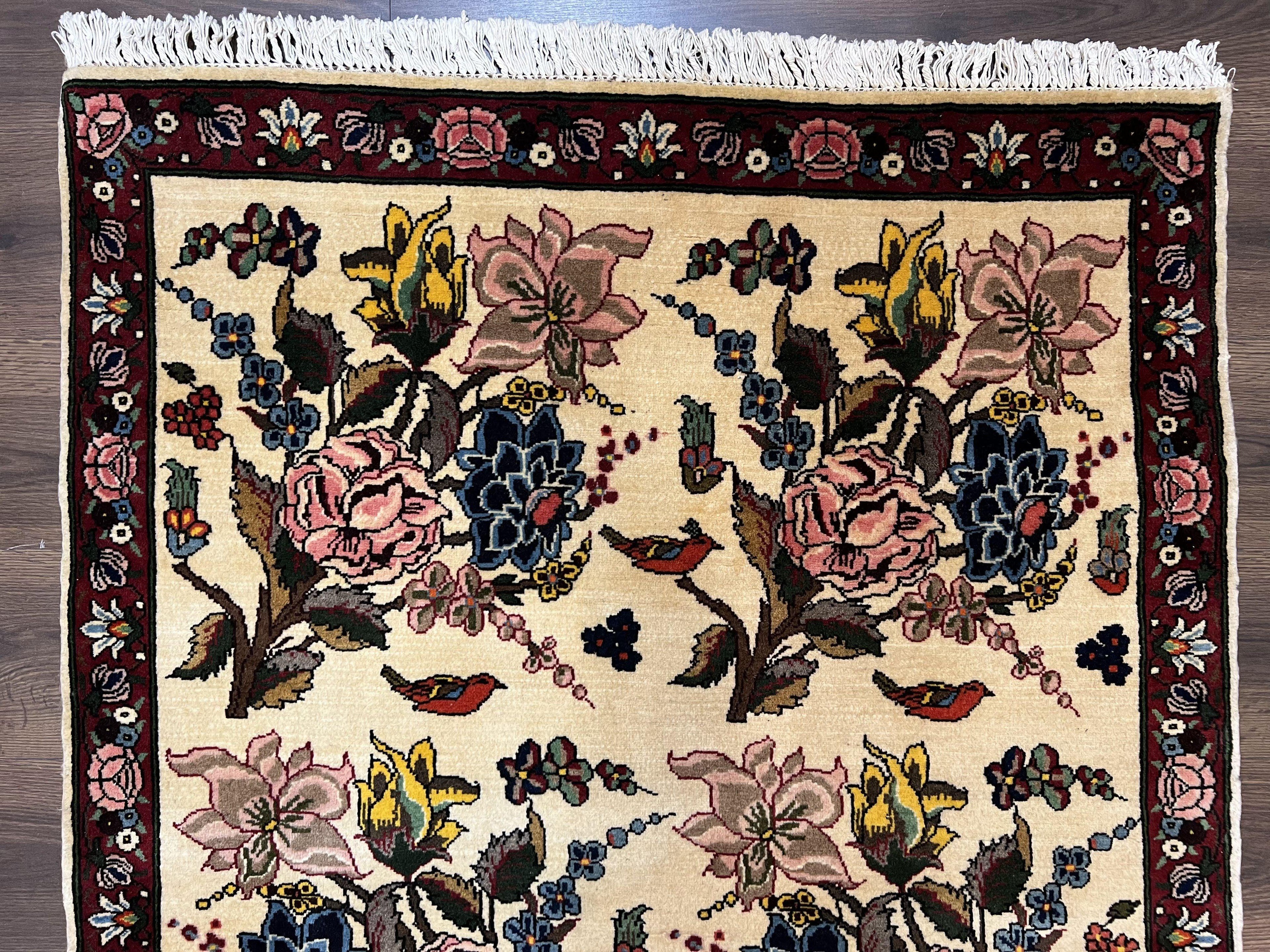 Persian Bidjar Rug 3.6 x 5 ft, Repeated Floral Motifs, Roses and Birds, Cream Burgundy, Fine Wool Oriental Bijar Carpet, Vintage Traditional Area Rug