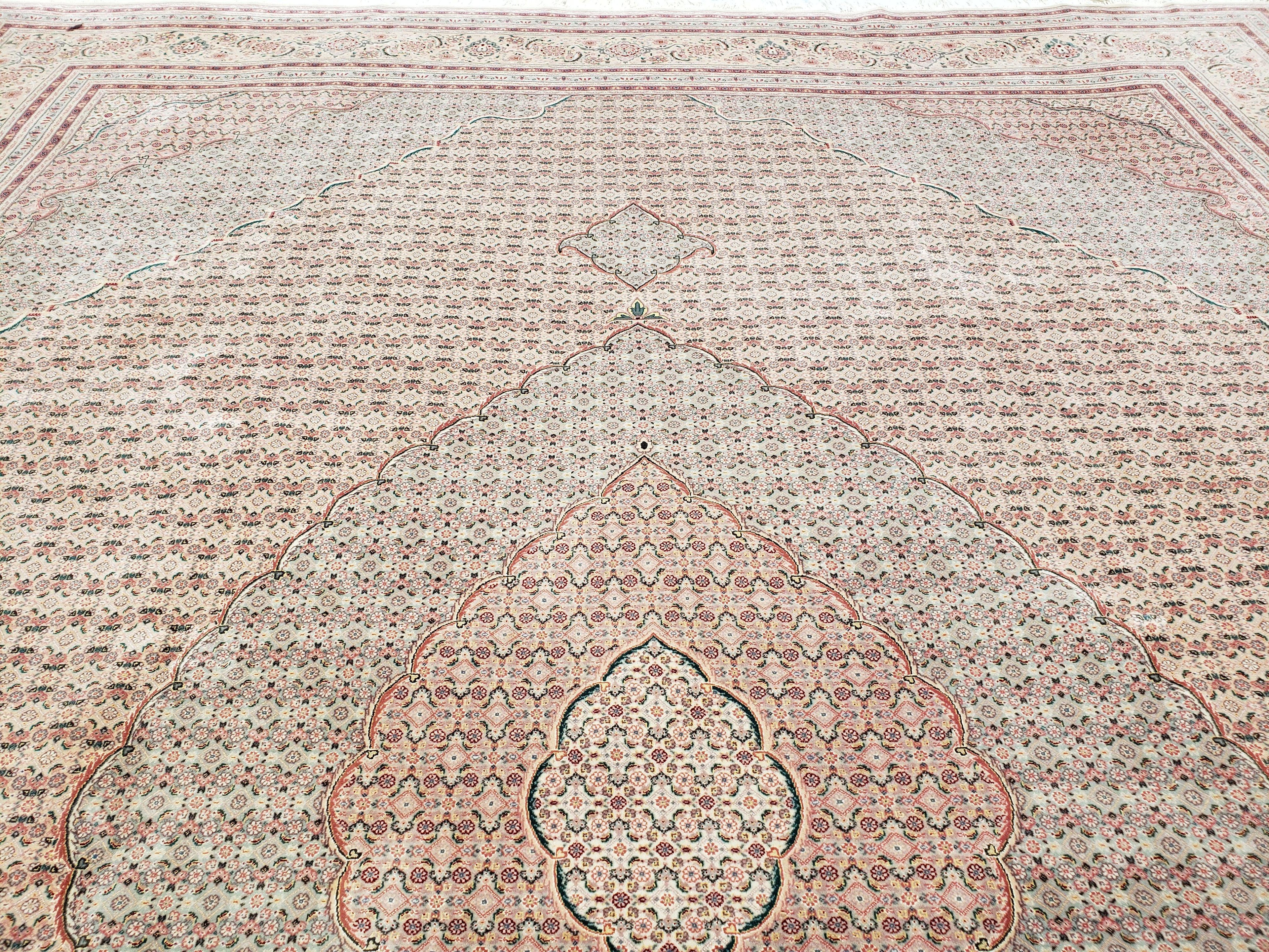 Stunning Oversized Pak Persian Oriental Rug 12x15, Hand Knotted Wool & Silk Palace Sized Carpet, Mahi Pattern, Very Fine, Peach Beige, Wow