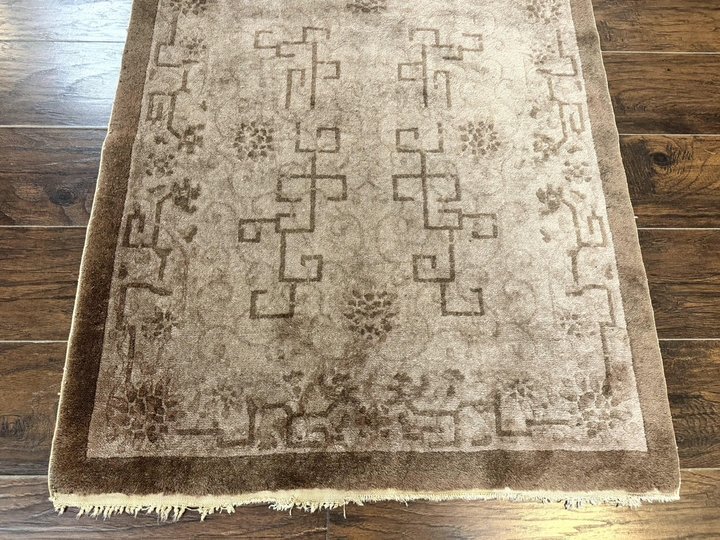 Antique Chinese Fette Rug 3x6, Taupe, Handmade Wool Chinese Carpet