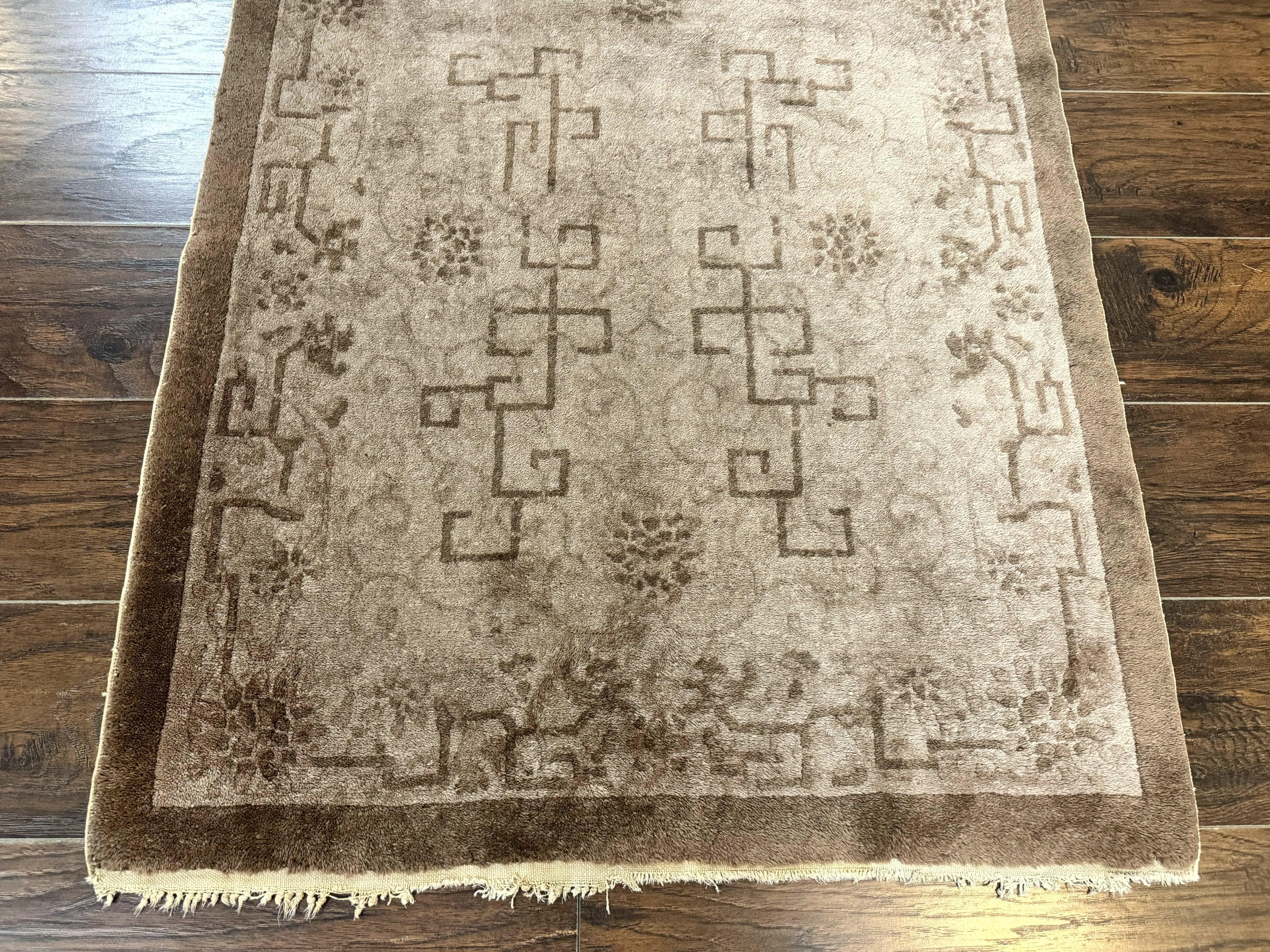 Antique Chinese Fette Rug 3x6, Taupe, Handmade Wool Chinese Carpet