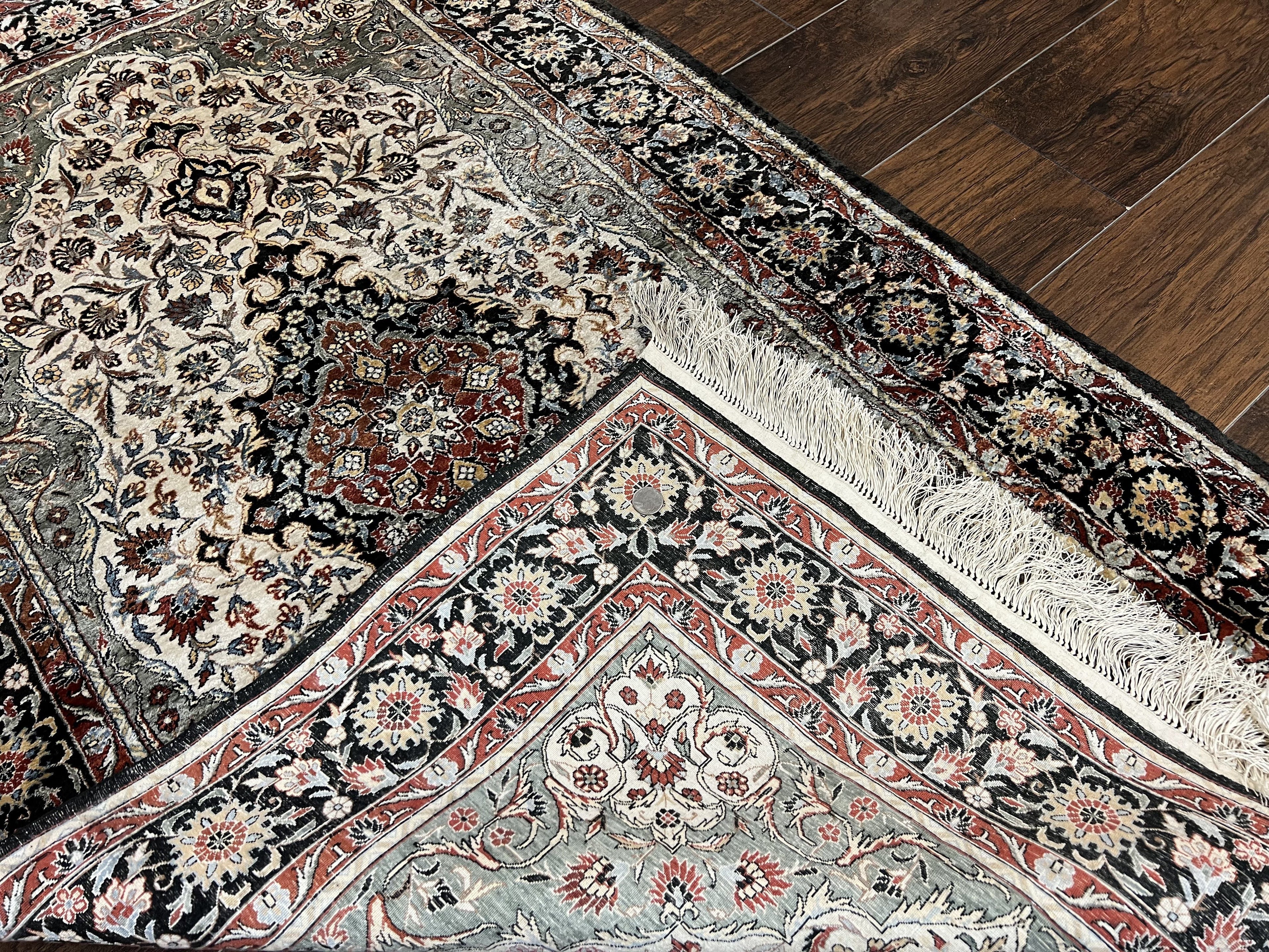 Silk Sino Persian Rug 3x5, Floral Medallion, Hand Knotted Silk Pile Silk Foundation, Traditional Silk Handmade Oriental Carpet, Cream Black