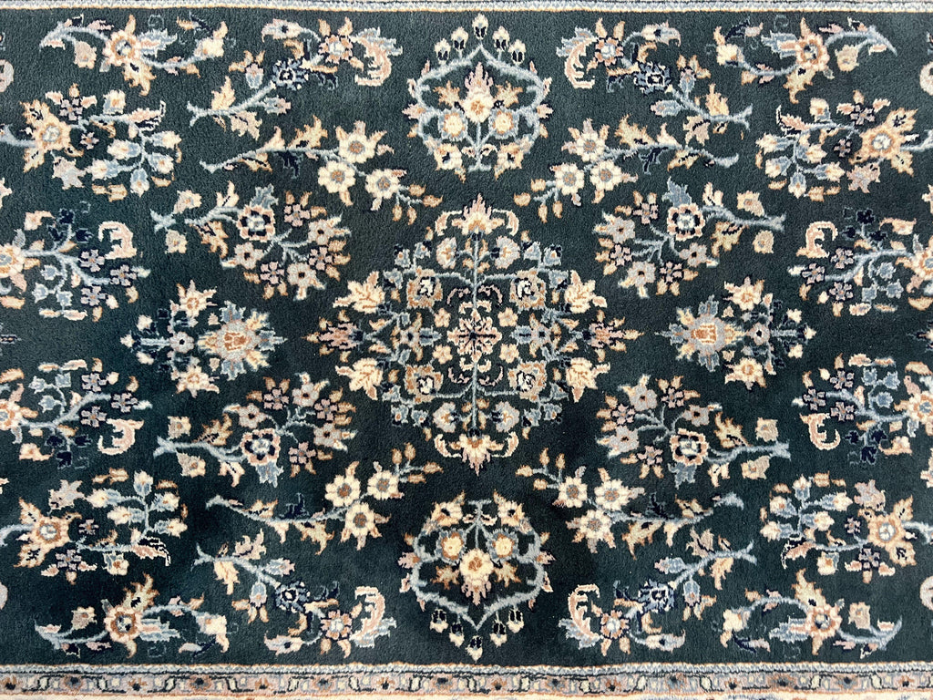 Green Indo Persian Rug 4x6, Floral Allover, Handmade Vintage Oriental Carpet, Sarouk Rug, Wool