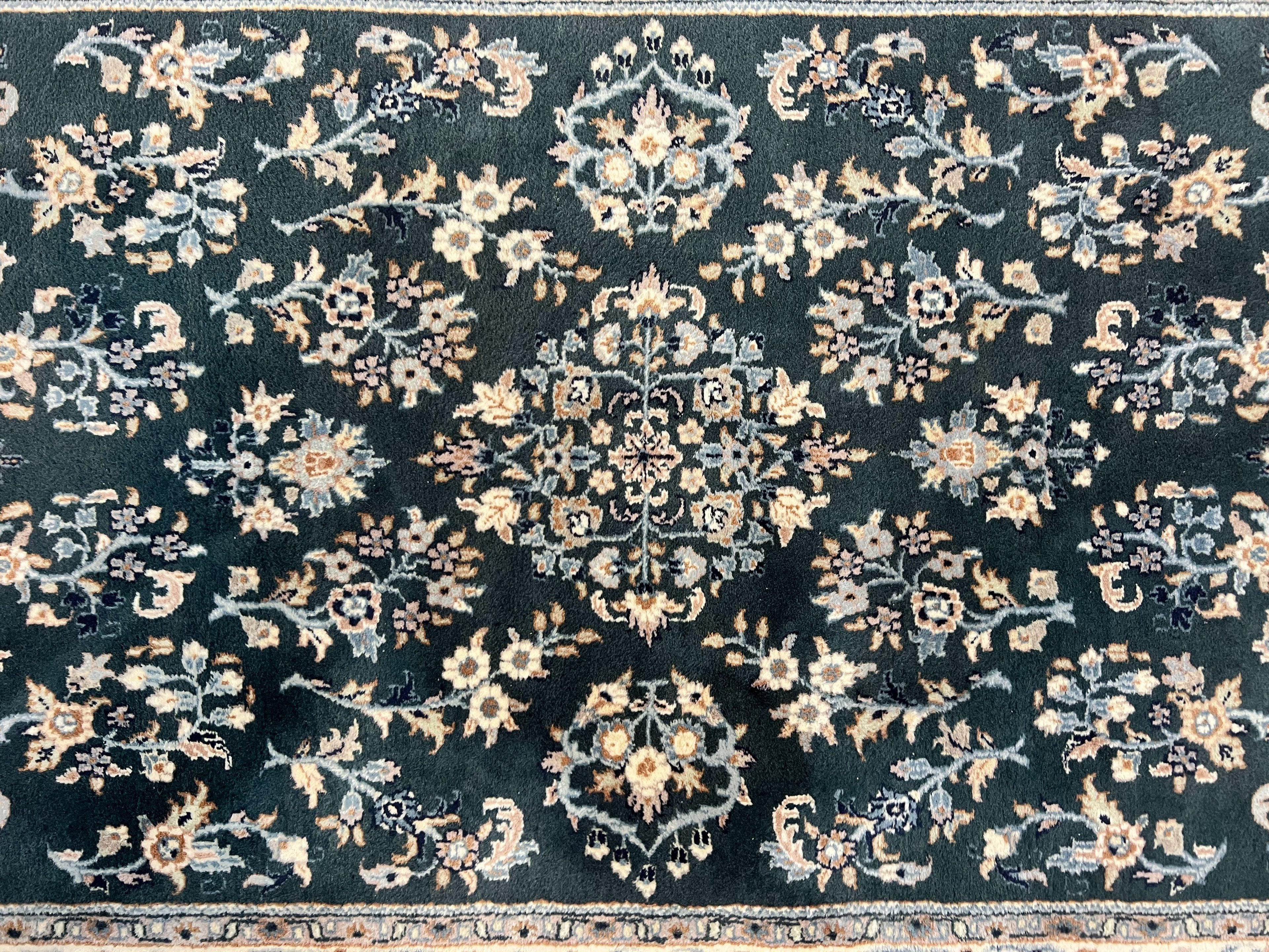 Green Indo Persian Rug 4x6, Floral Allover, Handmade Vintage Oriental Carpet, Sarouk Rug, Wool