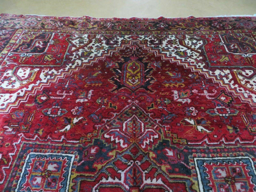 Heriz Rug 9x11, Geometric Persian Carpet Room Sized, Tribal Medallion Rug, Red Ivory Dark Blue Handmade Wool Rug for Living Room Dining Room