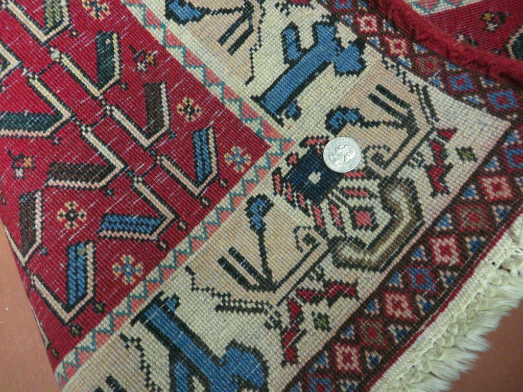 3' X 5' Vintage Handmade India Geometric Oriental Wool Rug Nice Birds Ivory Red