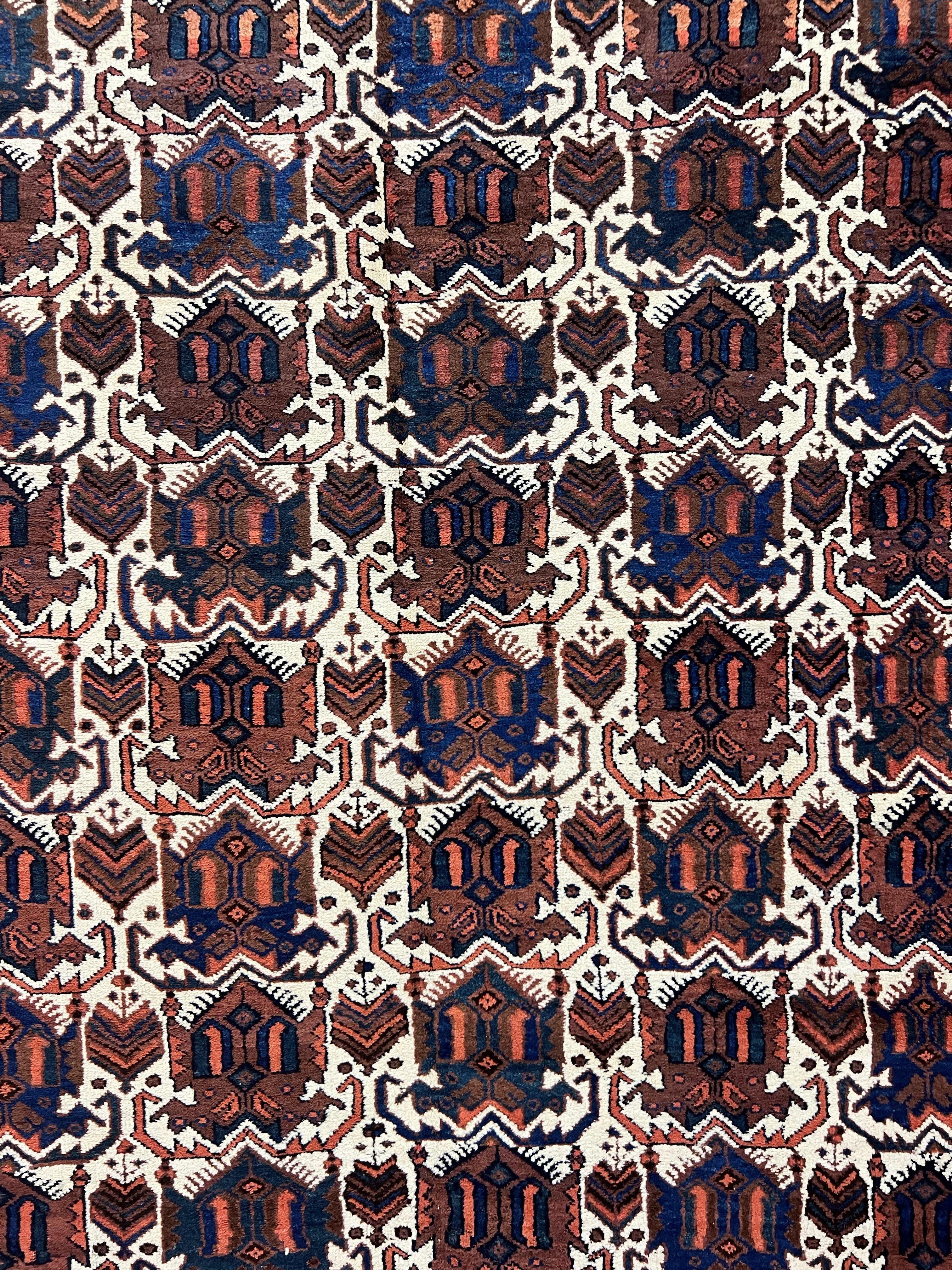 Persian Afshar Rug 4x5, Repeated Motif, Ivory & Burgundy, Wool Tribal Oriental Carpet, Handmade Vintage Semi Antique Medium Sized Rug