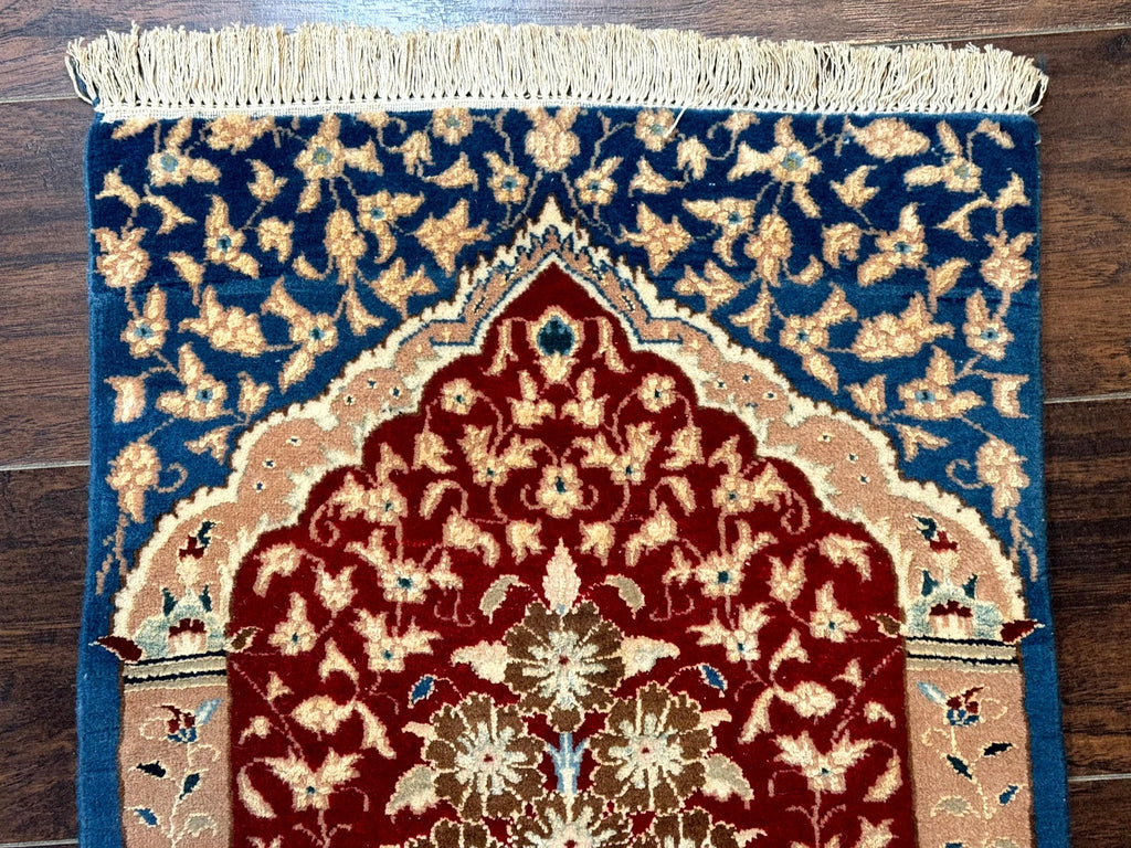 Small Persian Nain Rug, Persian Vase Tree of Life Design, Red and Blue, Very Fine 260 KPSI, Wool and Silk Highlights