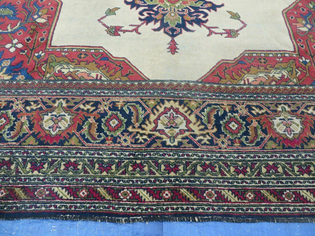Persian Tabriz Rug 10x13 Oriental Carpet, Ivory Open Field, Geometric Medallion, Red Blue, Hand Knotted, Large Wool Area Rug Vintage Antique 1950s