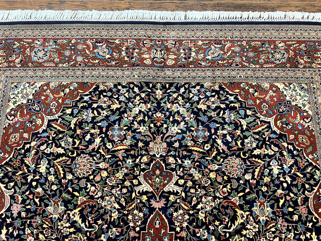 Indo Persian Rug 8x10, Floral Medallion, Vintage Handmade Wool Carpet, Navy Blue and Red, Fine 300 KPSI