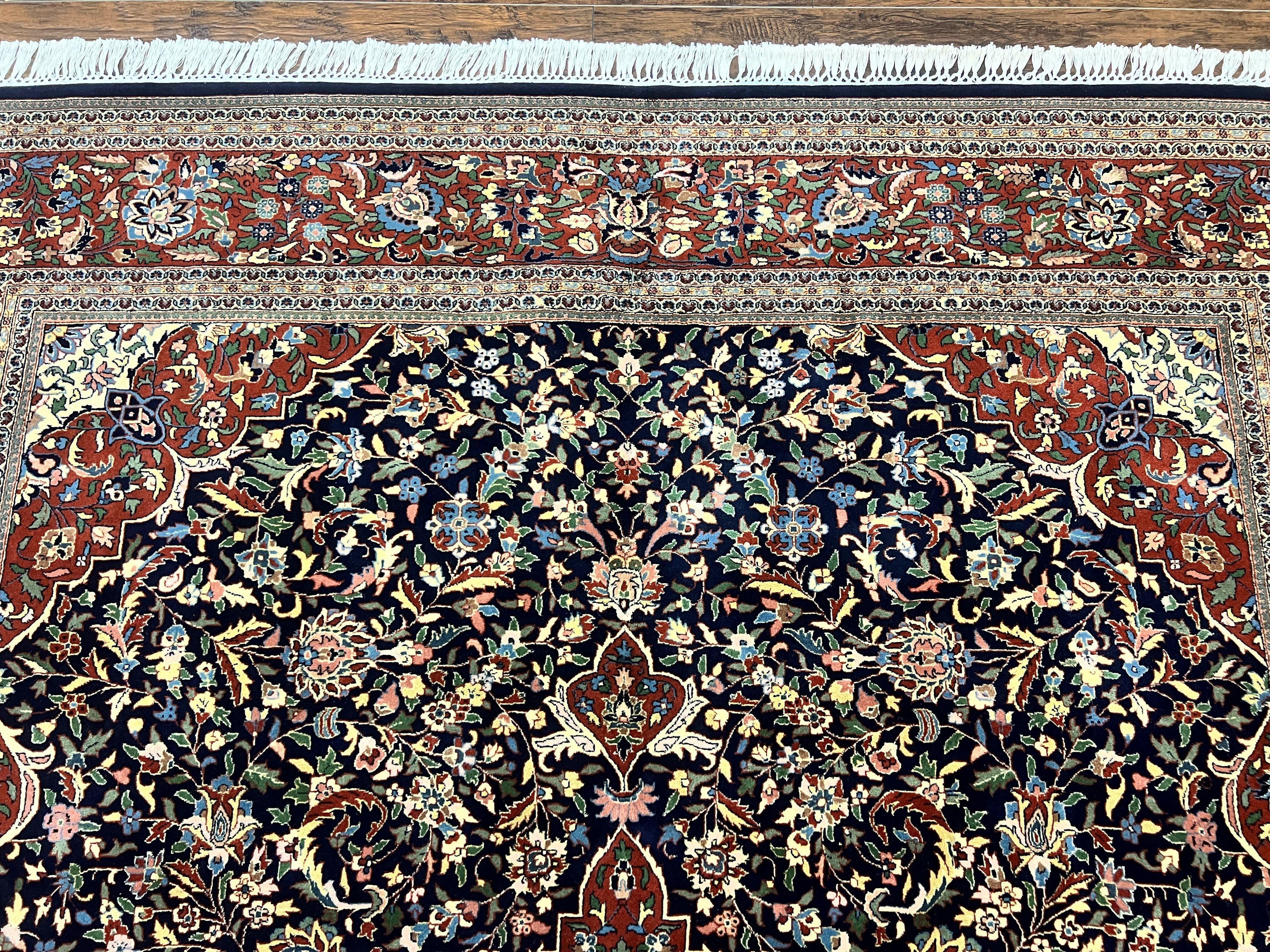 Indo Persian Rug 8x10, Floral Medallion, Vintage Handmade Wool Carpet, Navy Blue and Red, Fine 300 KPSI