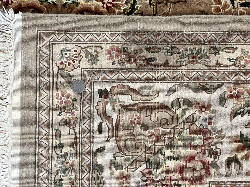 Sino Persian Rug 8x10, Soft Wool, Silk Highlights, Hand Knotted Vintage Carpet, Taupe & Ivory, Floral, Traditional Rug 8 x 10