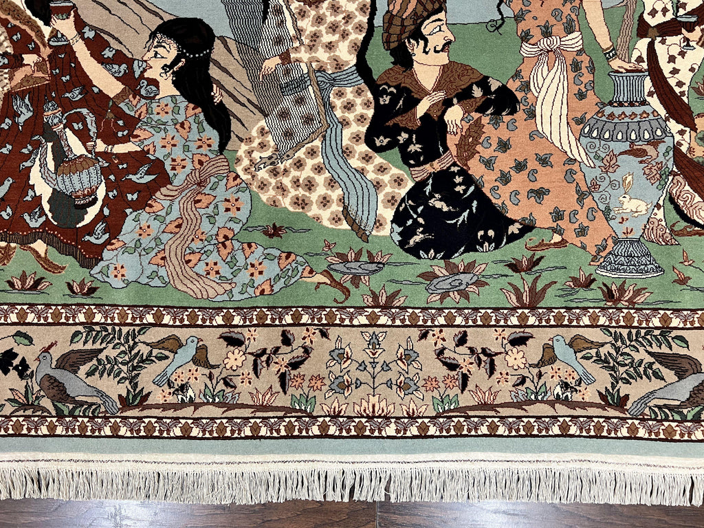 Indo Persian Pictorial Rug 4x7, Handmade Hand Knotted Wool Semi Antique Horizontal Carpet, Men & Women Drinking, Fine Rug, Bird Pictorials