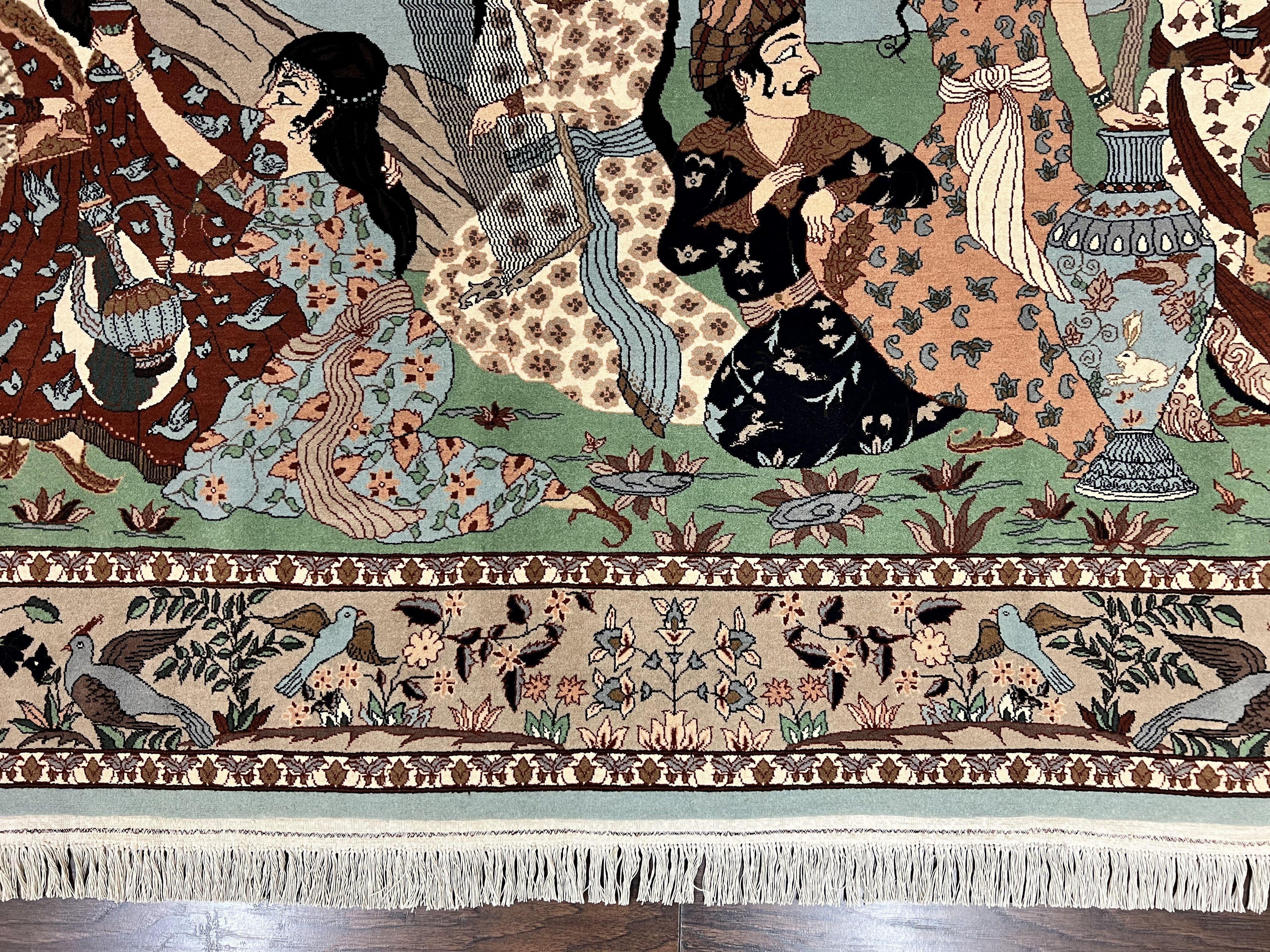 Indo Persian Pictorial Rug 4x7, Handmade Hand Knotted Wool Semi Antique Horizontal Carpet, Men & Women Drinking, Fine Rug, Bird Pictorials