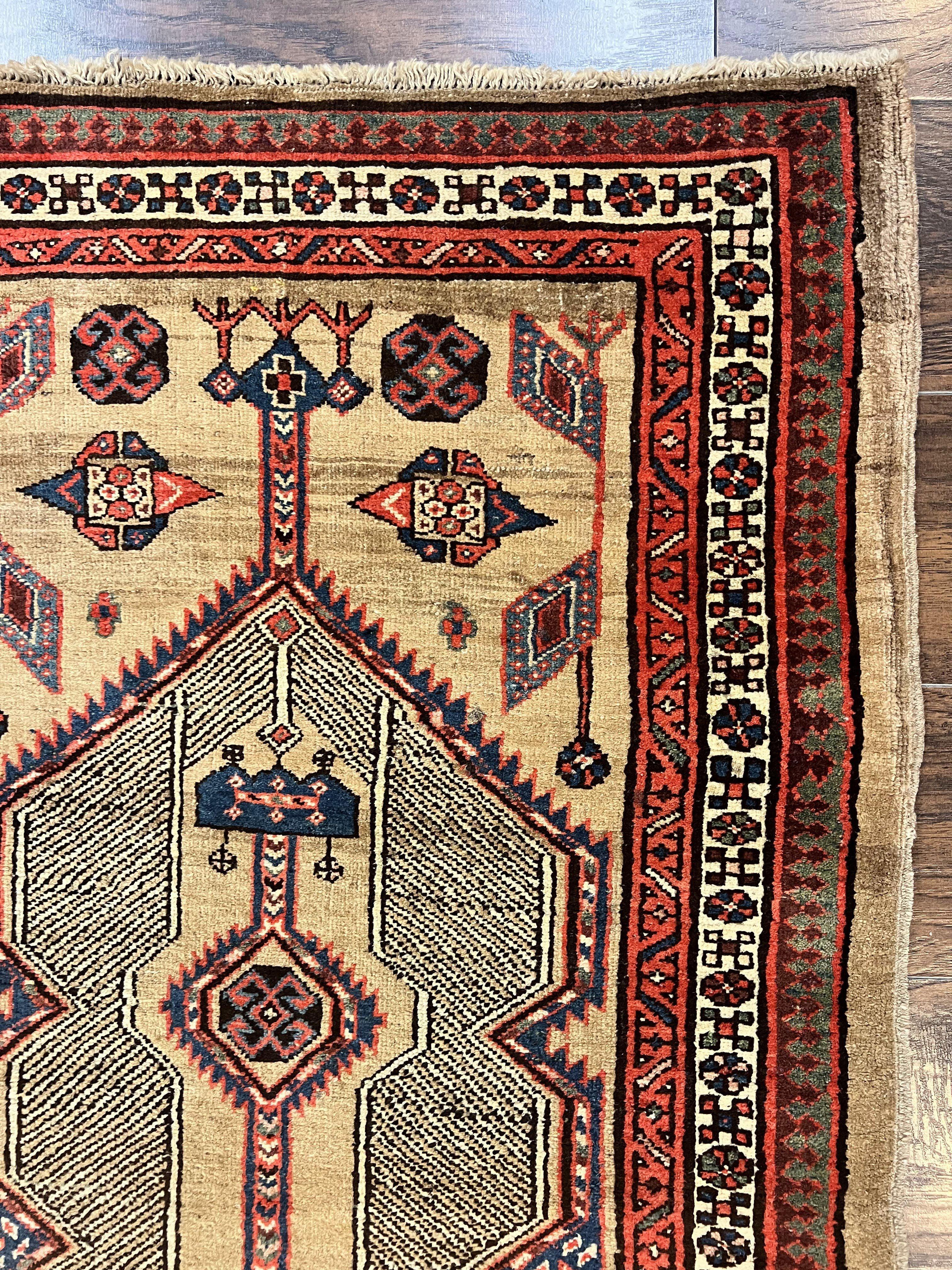 Antique Persian Runner 3 x 7, Camel Hair Runner 3x7 ft, Handmade Hallway Rug, Geometric Design, Tribal Rug, Persian Sarab Rug 3x7
