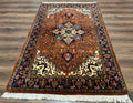 Indo Persian Heriz Rug 4x6, Rust Red Navy Blue and Cream