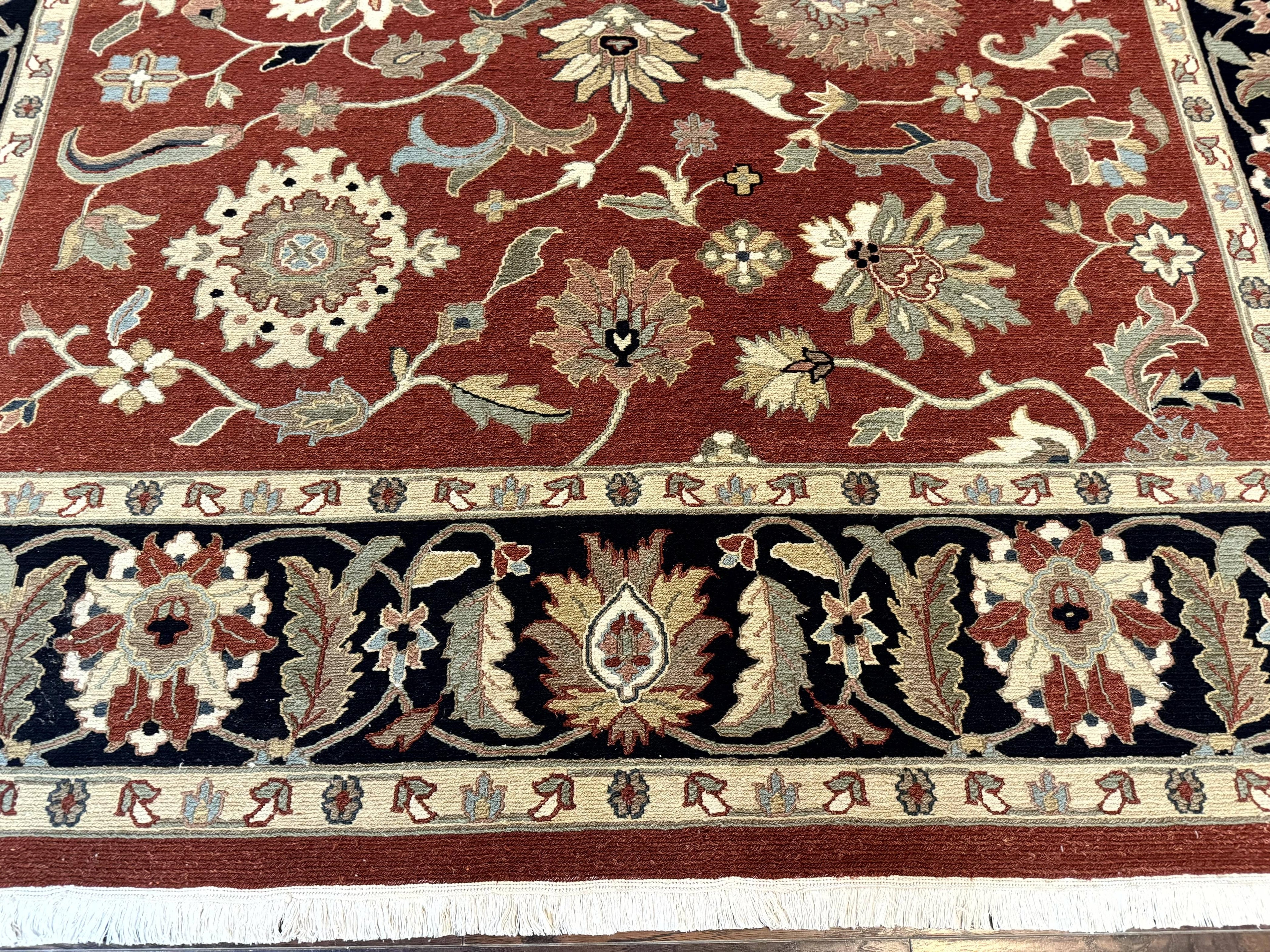 Indian Mahal Rug 8x10, Room Sized Wool Handmade Vintage Carpet, Red and Black, Floral, Flatweave Mahal Sultanabad Rug