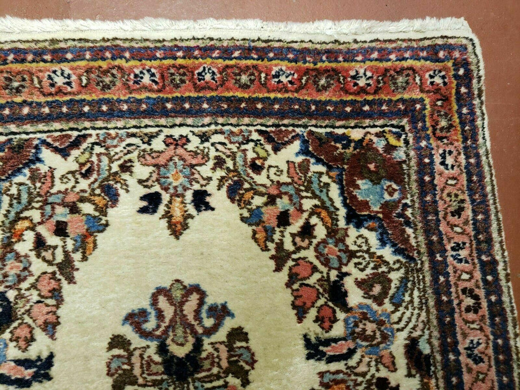 2' 7" X 4' Vintage Handmade Indian Medallion Wool Floral Beige Rug