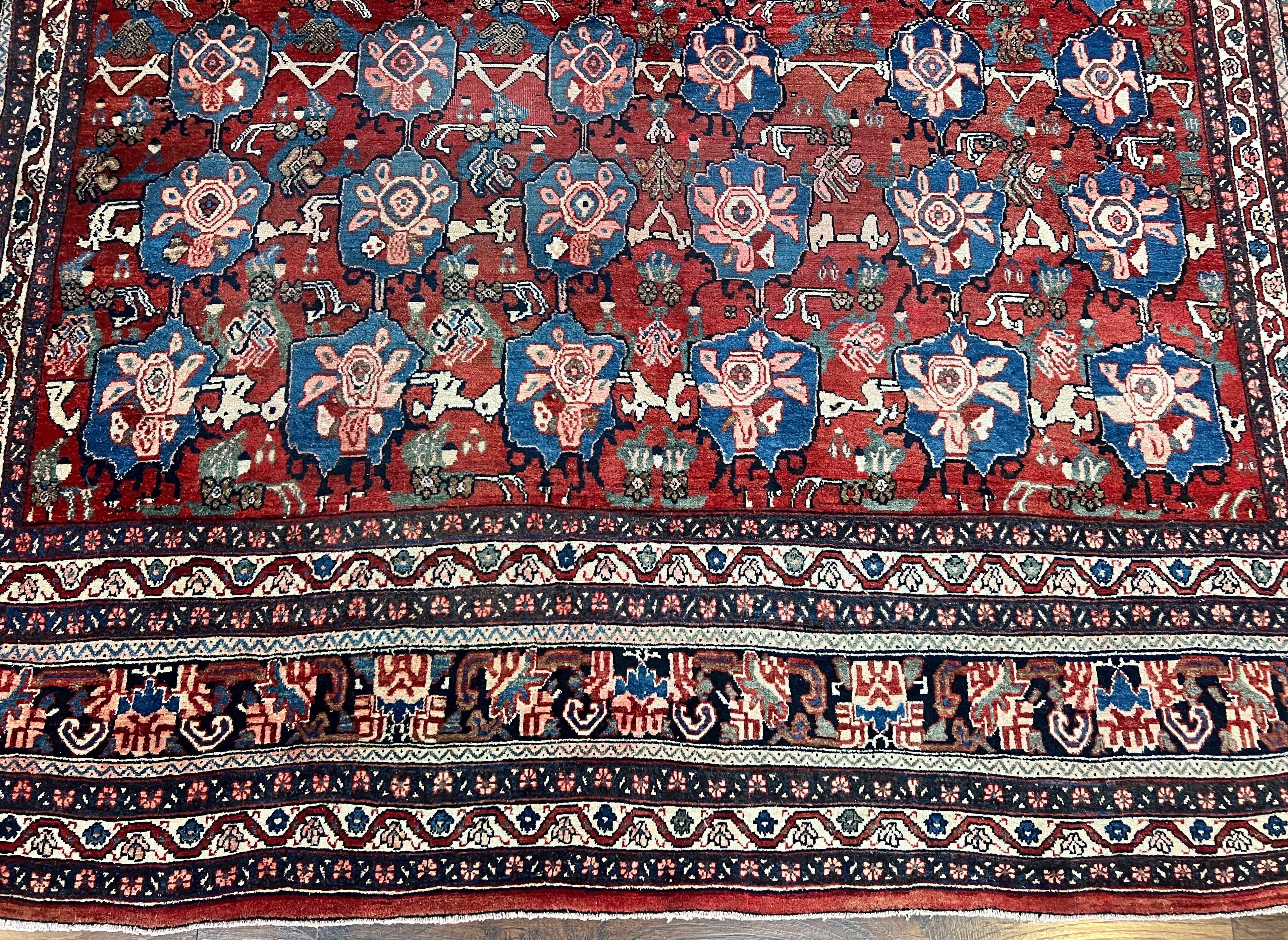 Antique Persian Bijar Rug 9x12 - Allover Motif, Red & Blue