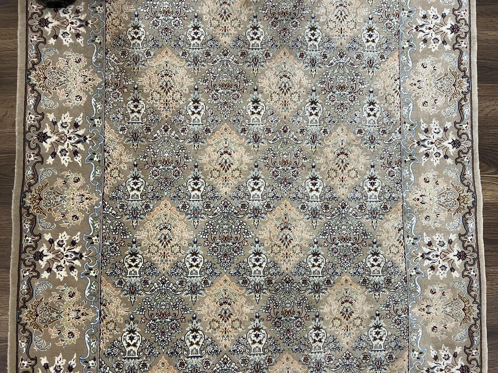 Super Fine Persian Isfahan Rug 3x5 ft, Kork Wool on Silk Foundation, Repeated Floral Motif, Taupe Tan Hand Knotted Oriental Carpet 3 x 5 ft, Signed