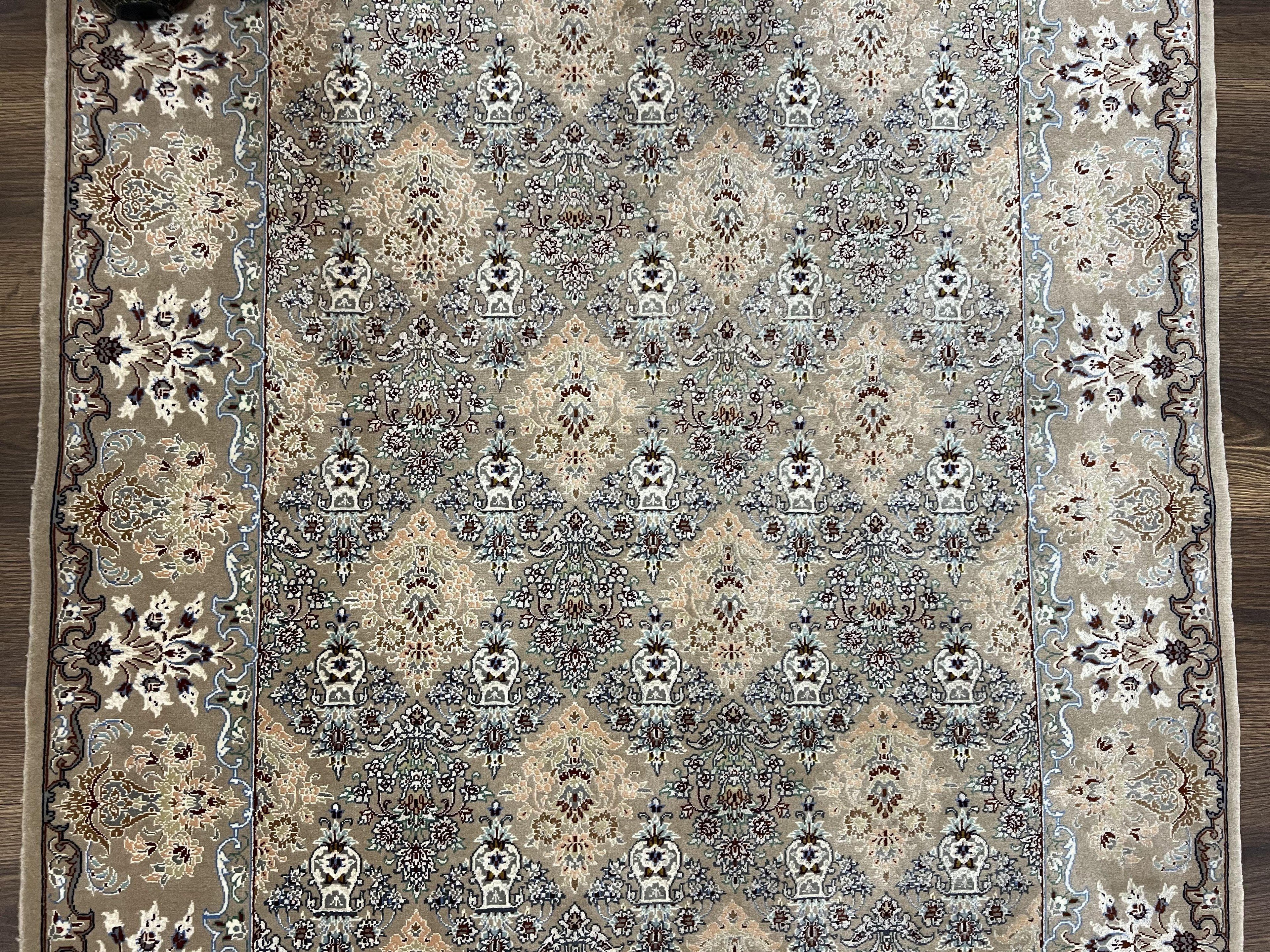 Super Fine Persian Isfahan Rug 3x5 ft, Kork Wool on Silk Foundation, Repeated Floral Motif, Taupe Tan Hand Knotted Oriental Carpet 3 x 5 ft, Signed