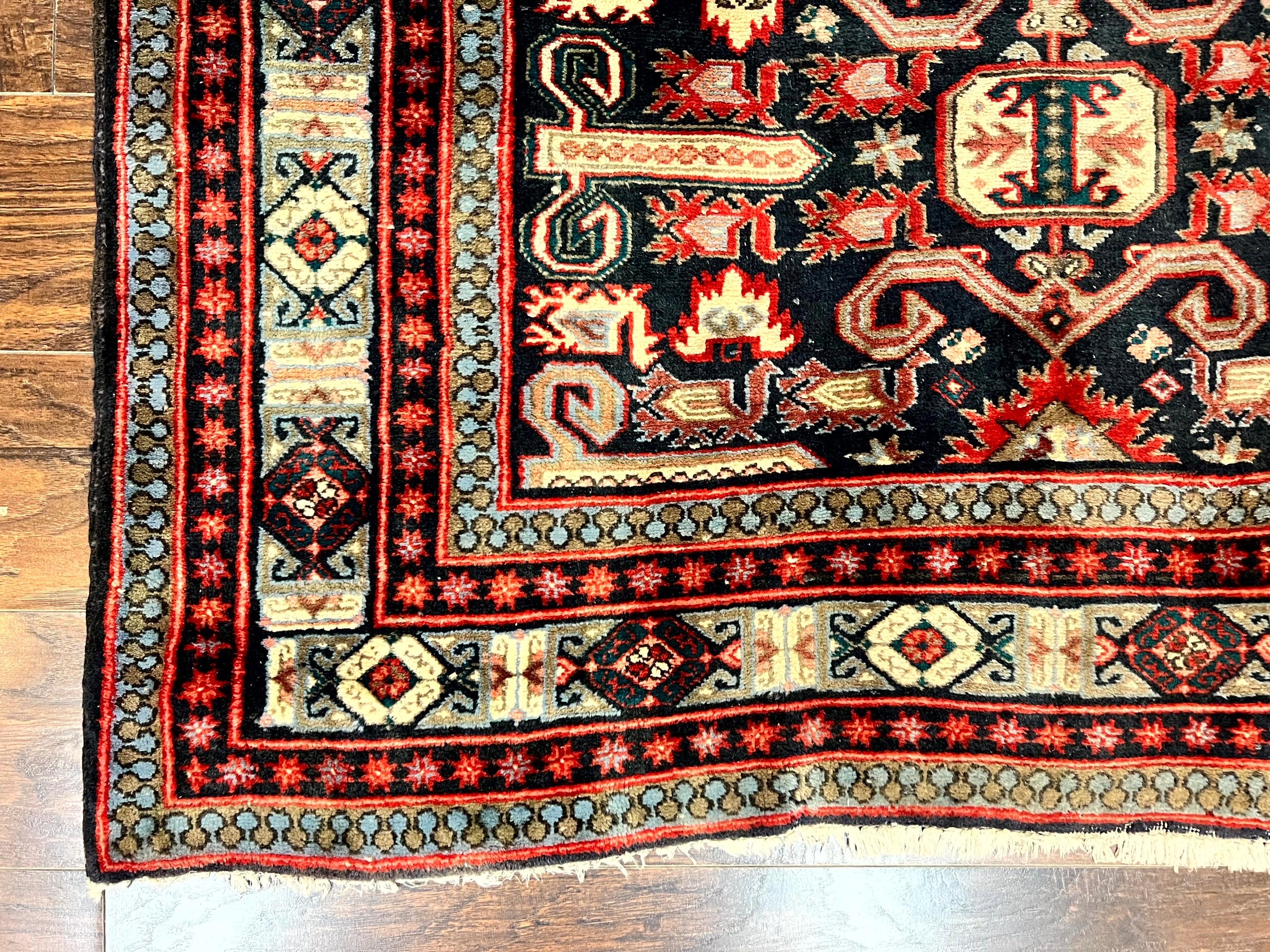 Persian Wide Runner Rug 4.8 x 10, Persian Kalegi Ardabil Rug, Perpedil Caucasian Rug, Antique Handmade Wool Carpet, Navy Blue Red, Tribal Rug