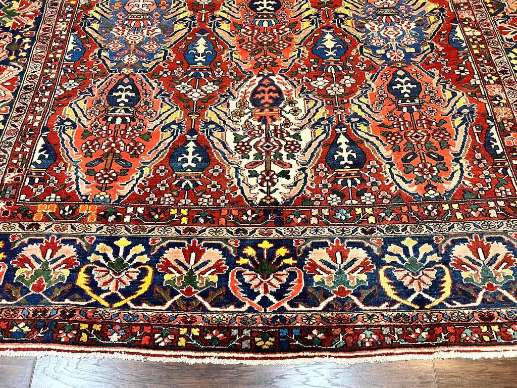 Large Persian Bakhtiari Rug 10x14, Rare Perisan Tribal Rug, Red Blue Ivory Multicolor, Hand Knotted, Semi Antique Carpet