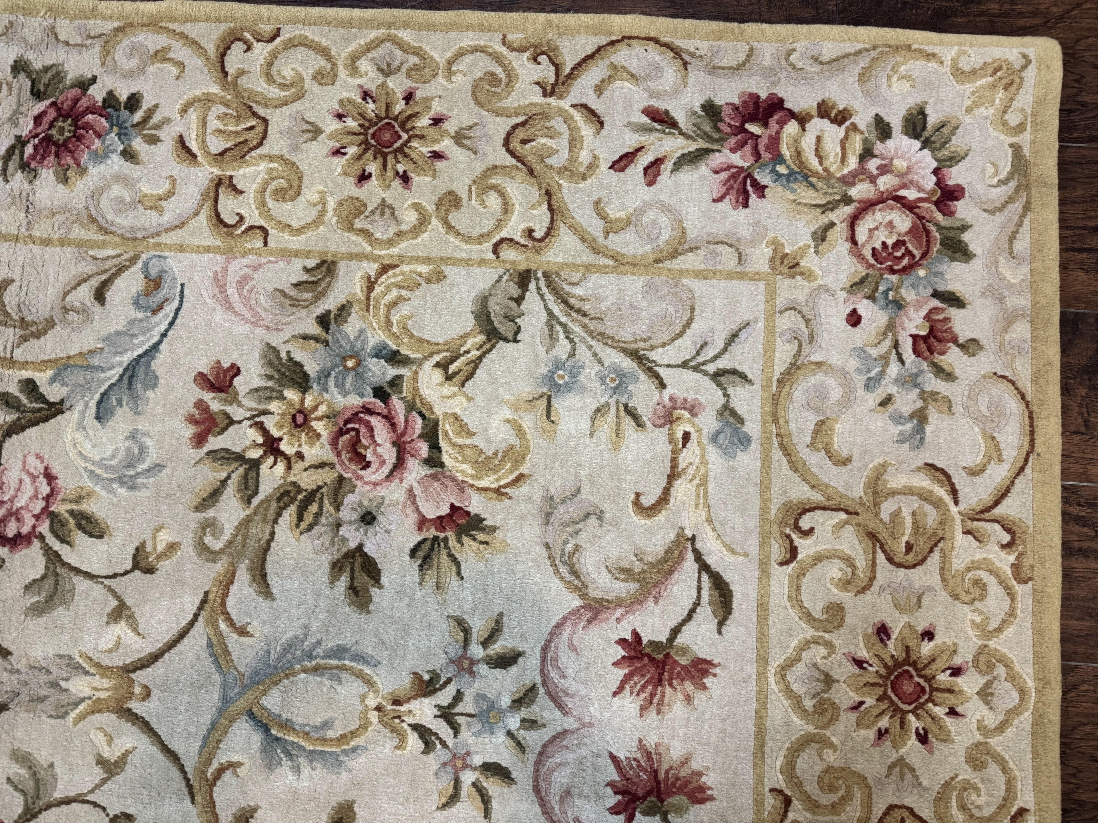 Aubusson Rug 8x10, French European Design, Vintage Handmade Wool Carpet, Aubusson Rug with Pile, Floral
