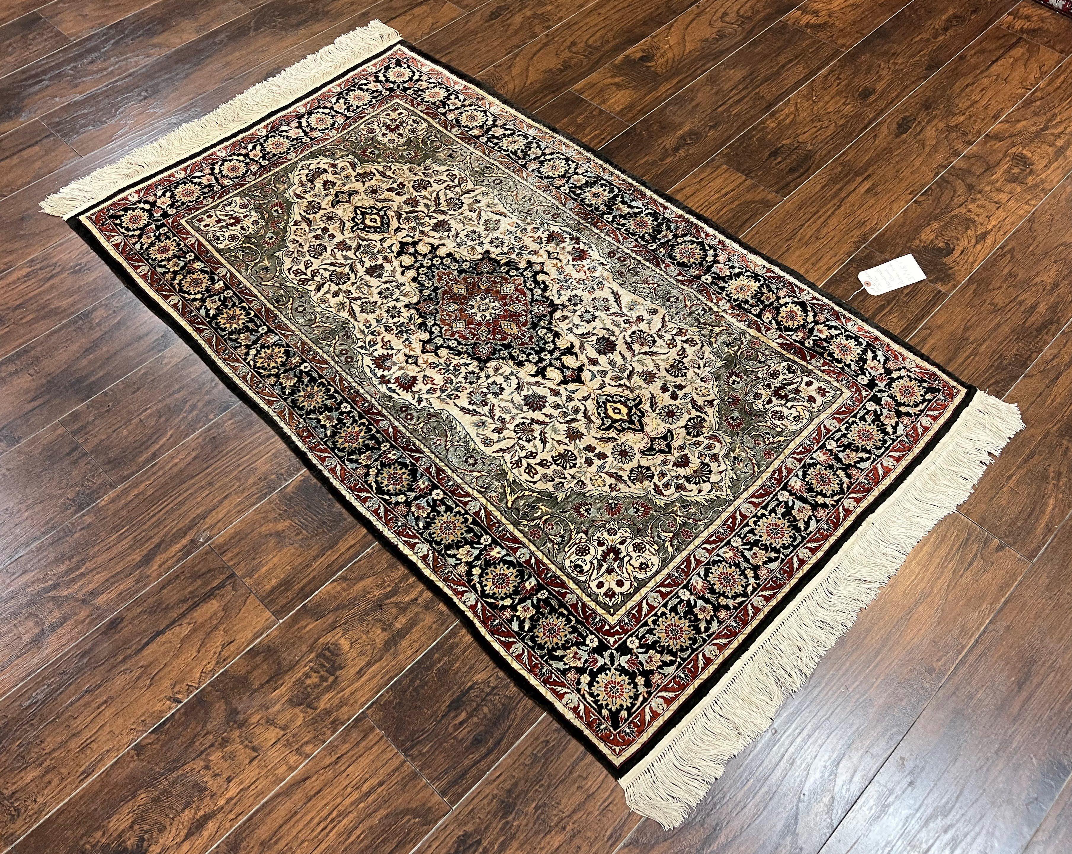 Silk Sino Persian Rug 3x5, Floral Medallion, Hand Knotted Silk Pile Silk Foundation, Traditional Silk Handmade Oriental Carpet, Cream Black
