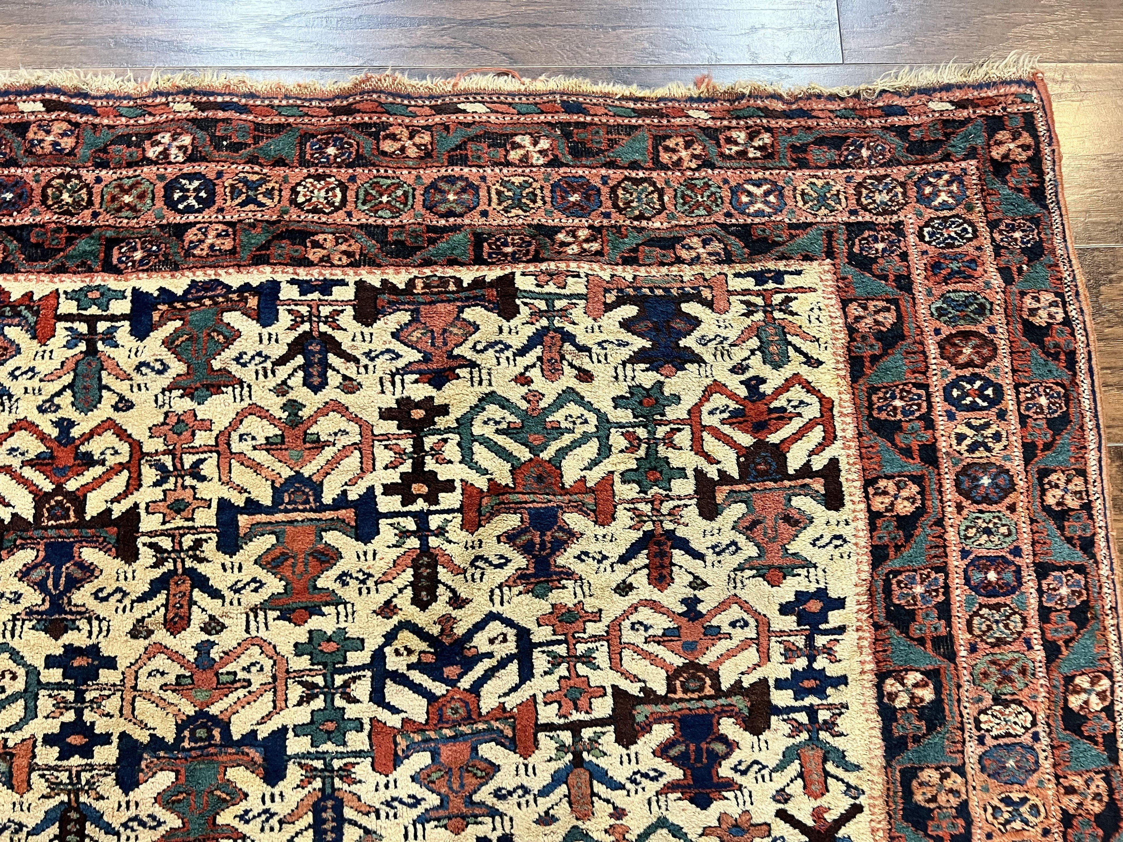 Persian Afshar Rug 5x6, Allover Repeated Motif, Wool Tribal Carpet, Handmade Semi Antique Rug