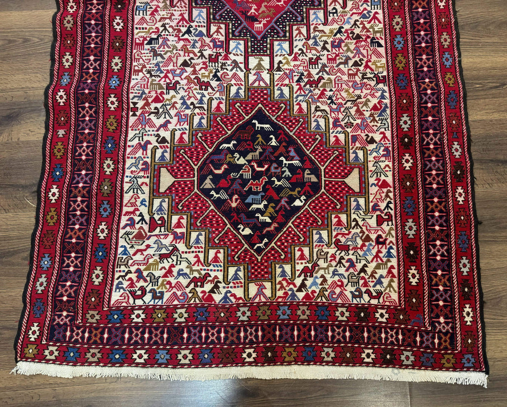 Persian Soumak Kilim Rug 4x6, Triple Medallions Tribal Pictorials, Caucasian Azerbaijani Kilim