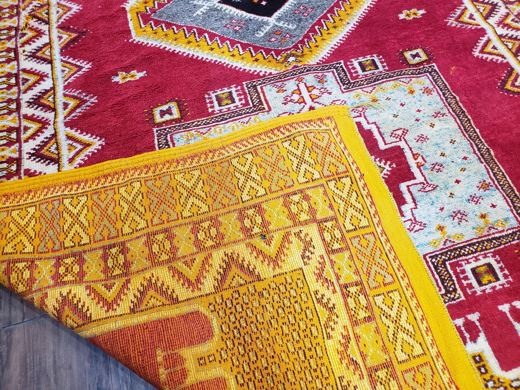 Vintage Moroccan Rug 6x10, Red and Yellow Moroccan Carpet, Handmade Bohemian Tribal Area Rug, Hand-Knotted 1970s Wool Rug, Medalions