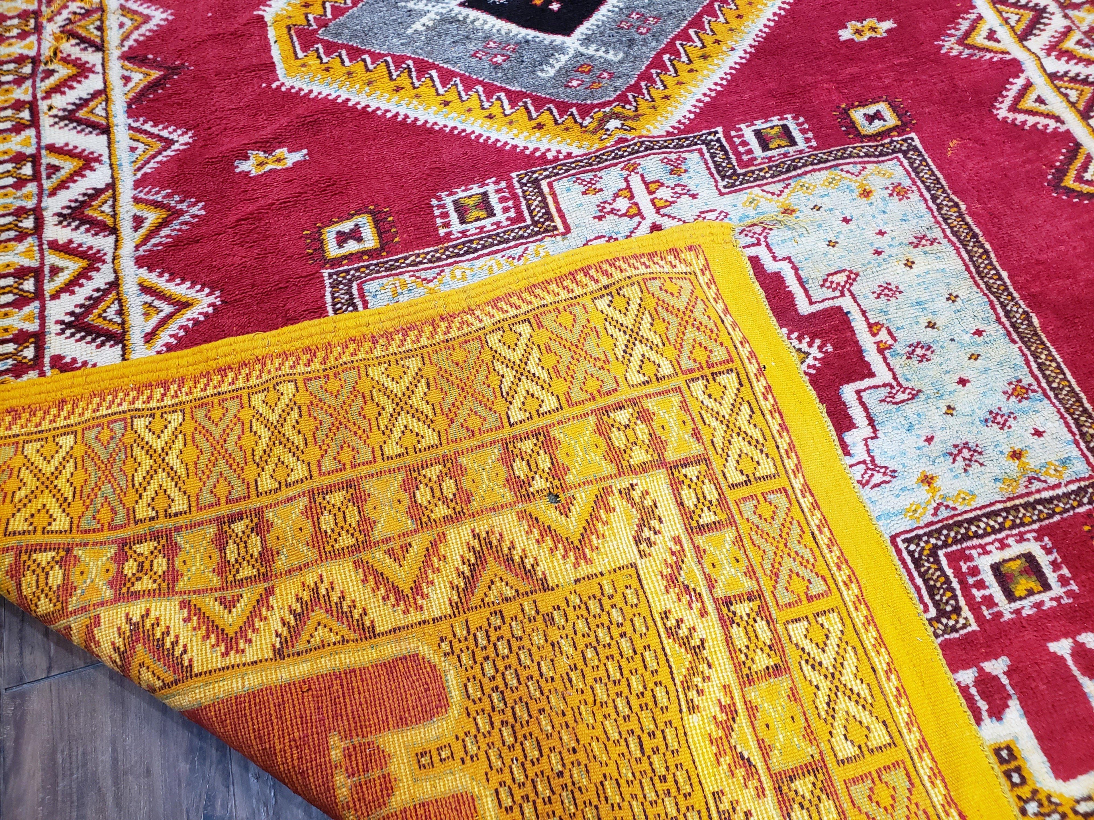 Vintage Moroccan Rug 6x10, Red and Yellow Moroccan Carpet, Handmade Bohemian Tribal Area Rug, Hand-Knotted 1970s Wool Rug, Medalions