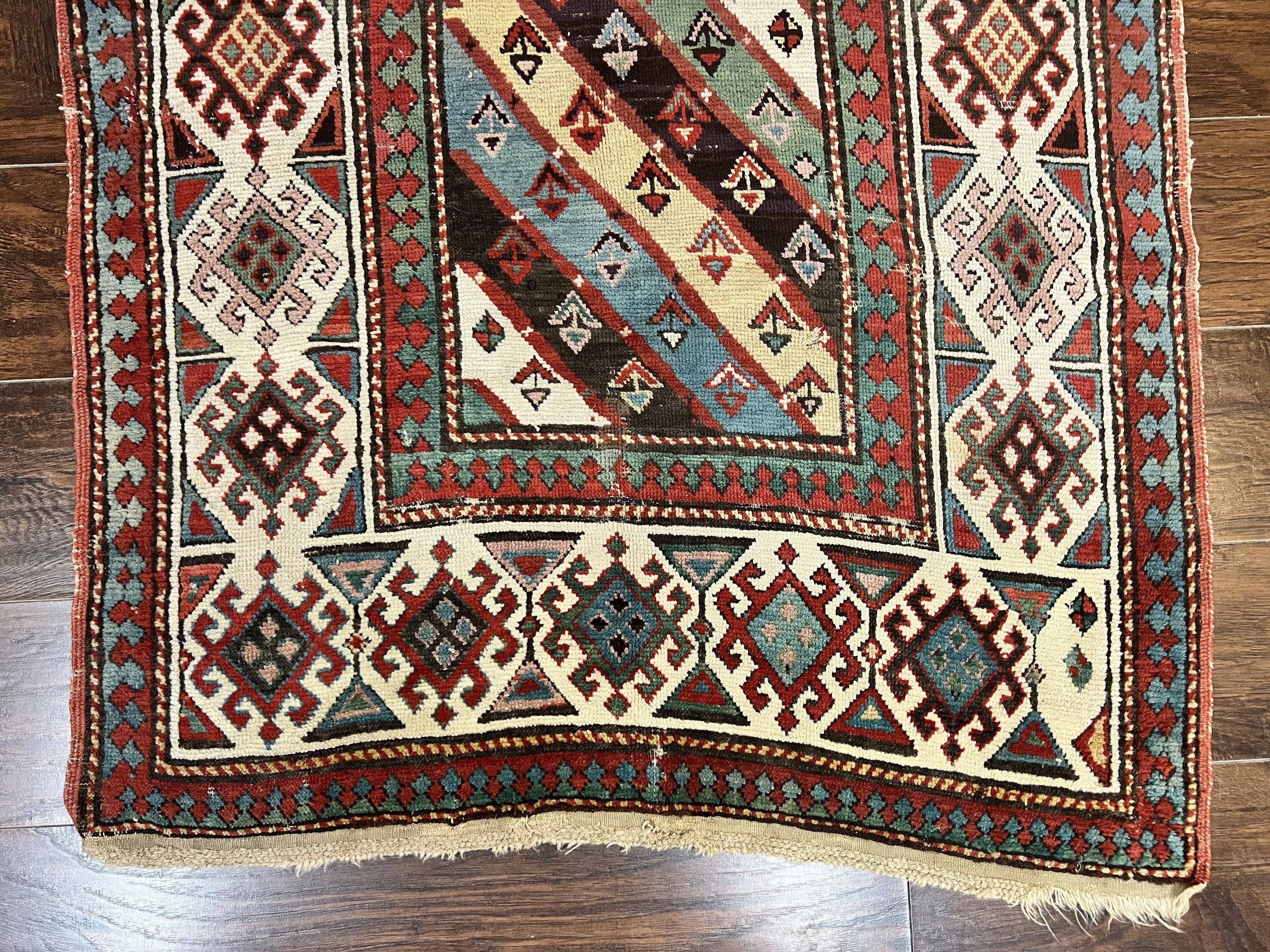 Caucasian Kazak Runner Rug 3.6 x 8, Wool Hand Knotted Antique 1880s Carpet, Ivory & Multicolor Stripes Oriental Runner Rug, Hallway Rug