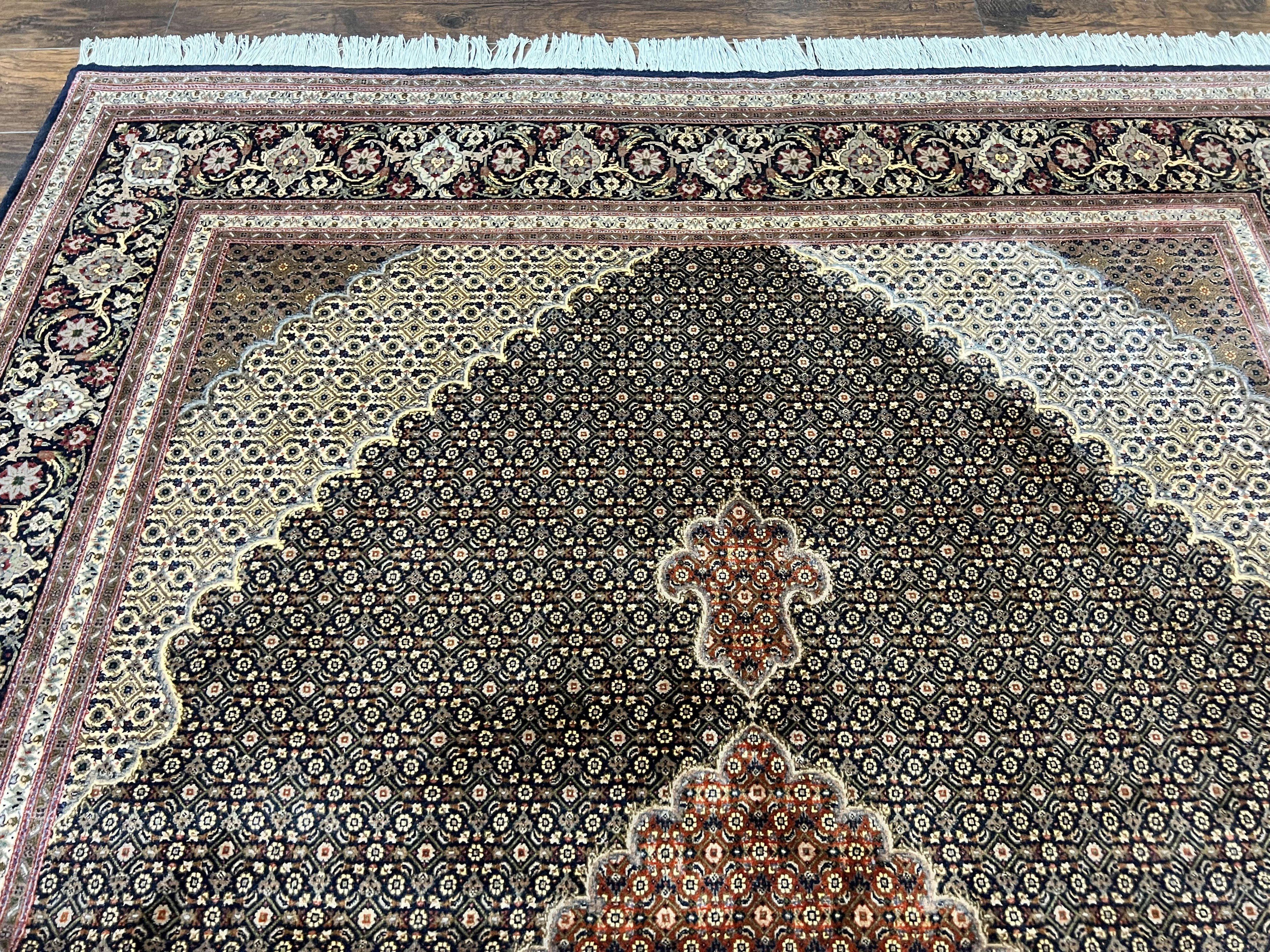 Persian Tabriz Rug 7x10, Very Fine 330 KPSI 50 Raj, Black and Beige, Handmade Wool Vintage Persian Carpet