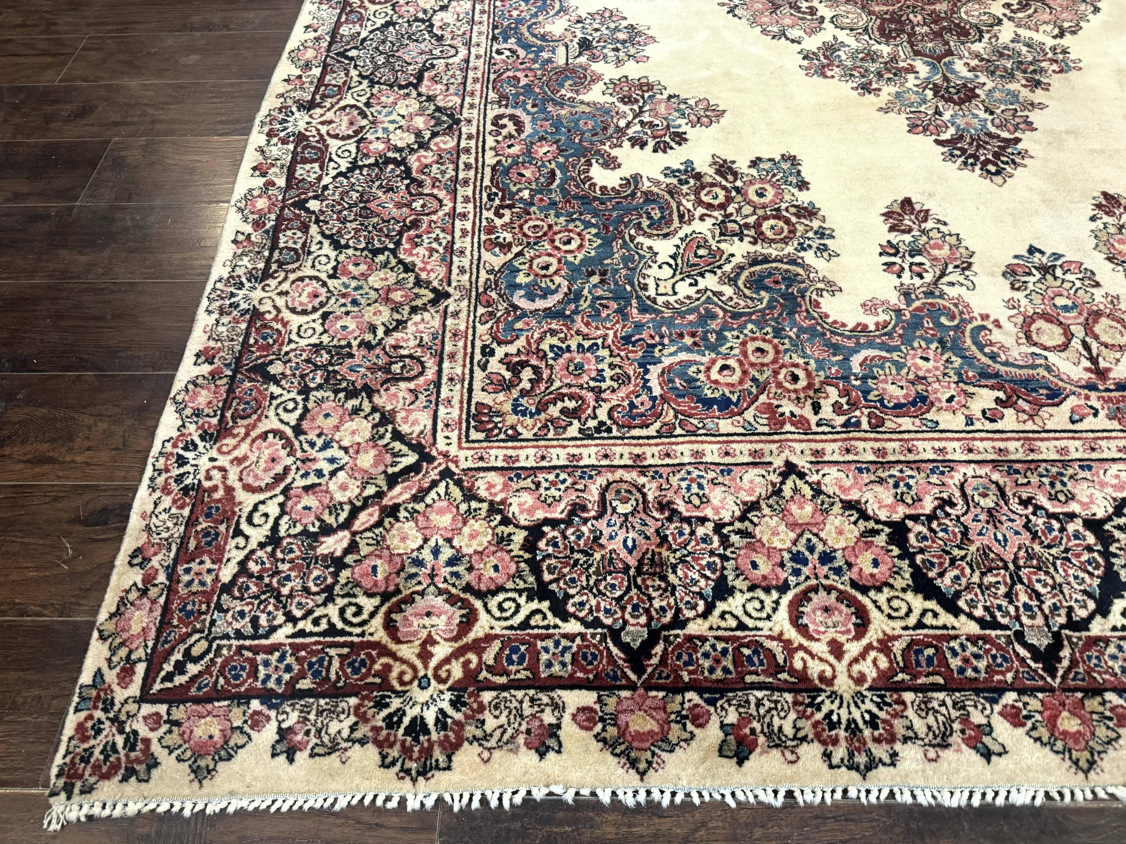 Persian Sarouk Rug 9x12, Ivory & Blue, Semi Open Field